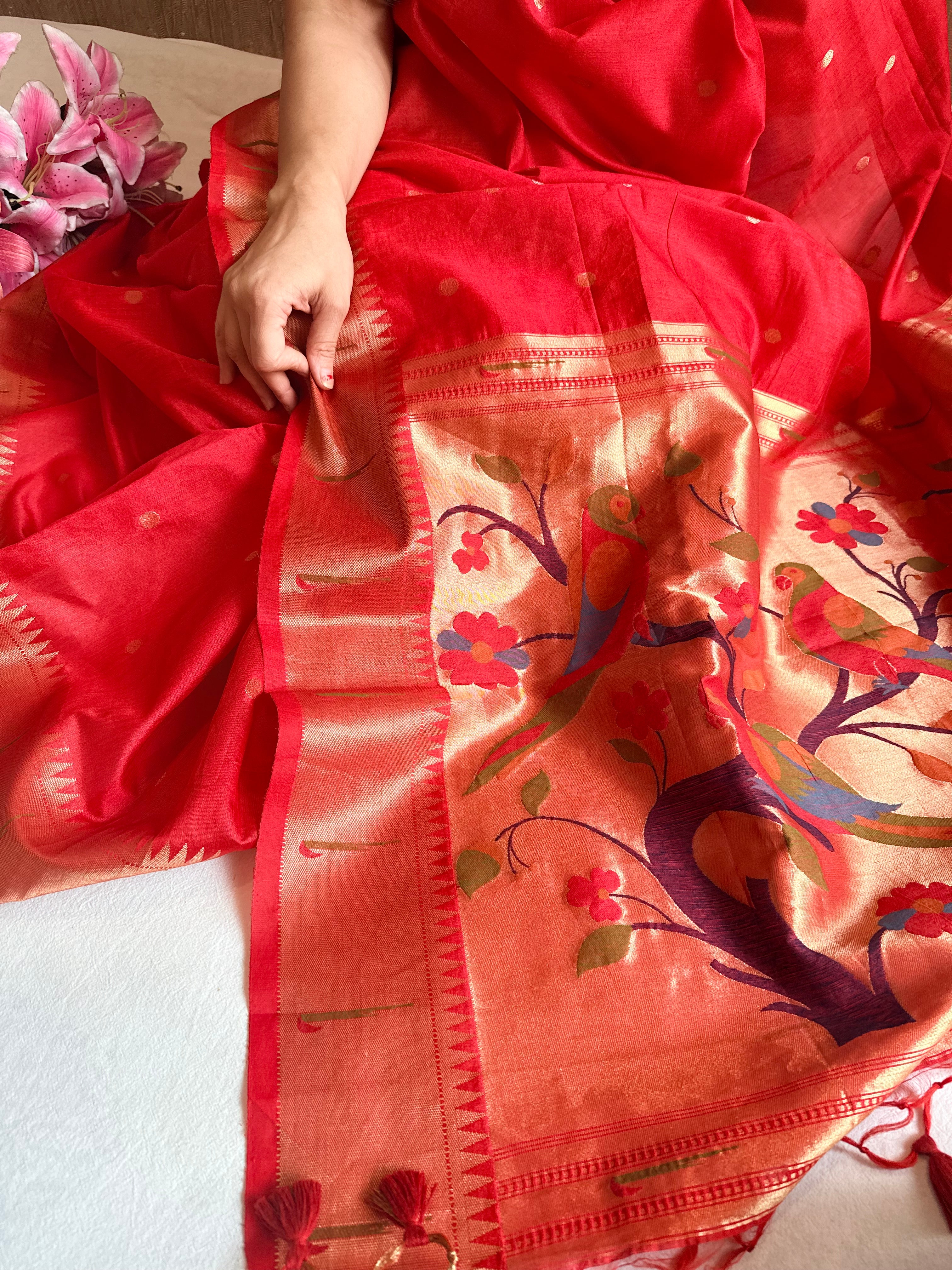 Blood red mul cotton paithani weaving kadhwa banarasi saree