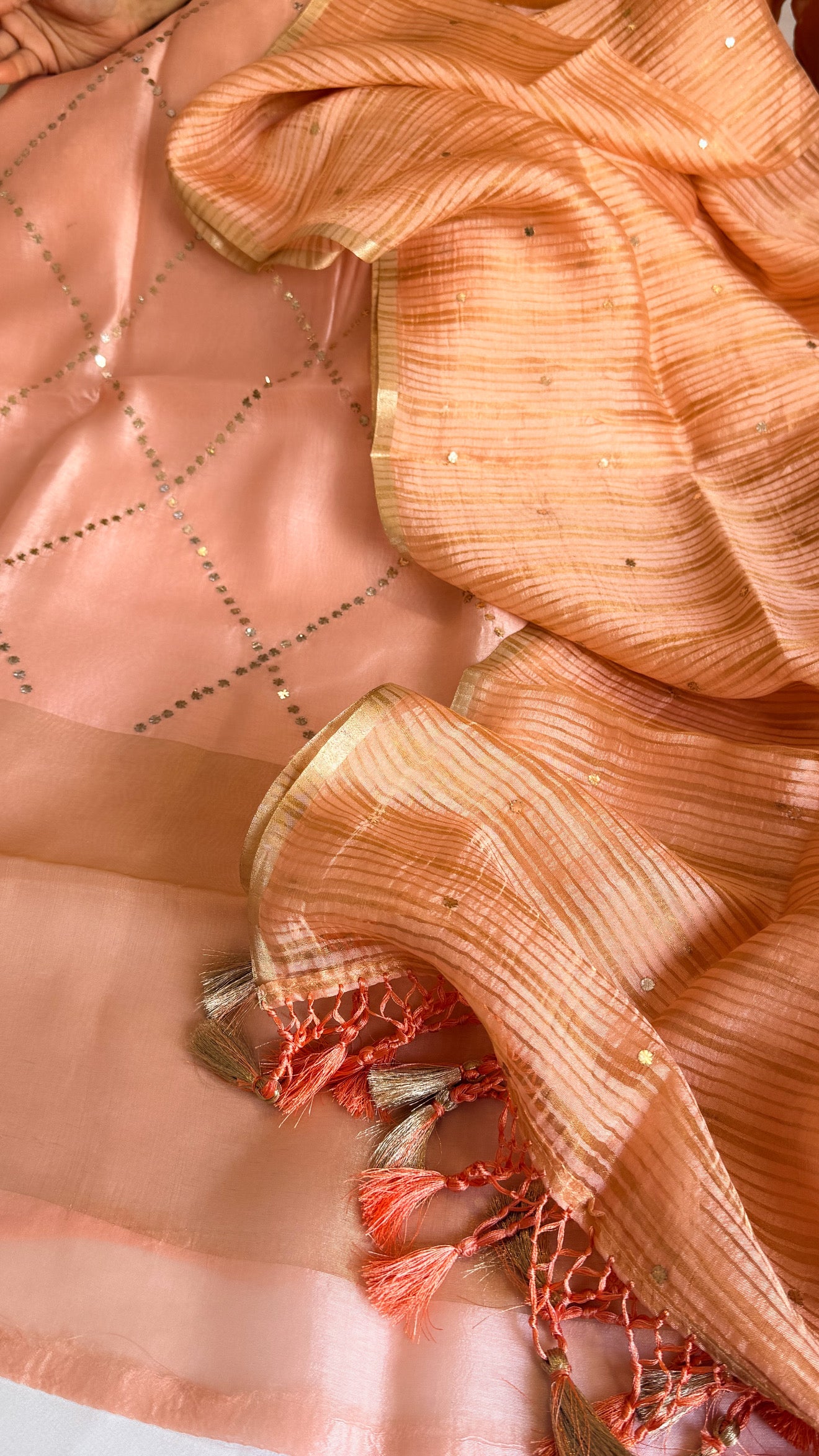 Summer suit edit - Spun chiniya silk mukaish work peach shade hand embroidered suit set