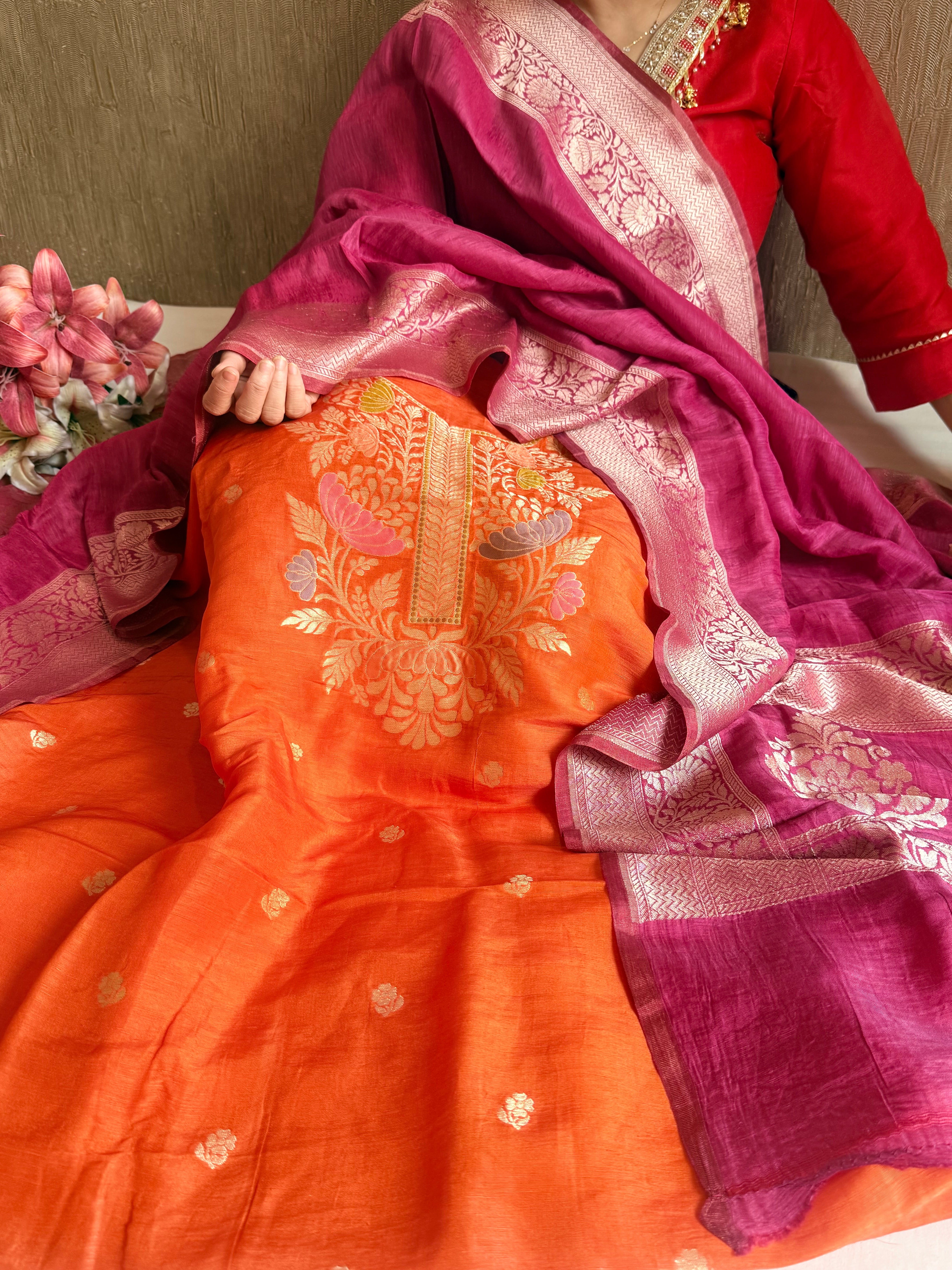Banarasi linen gorgette neckwork weaving meenakari suit set