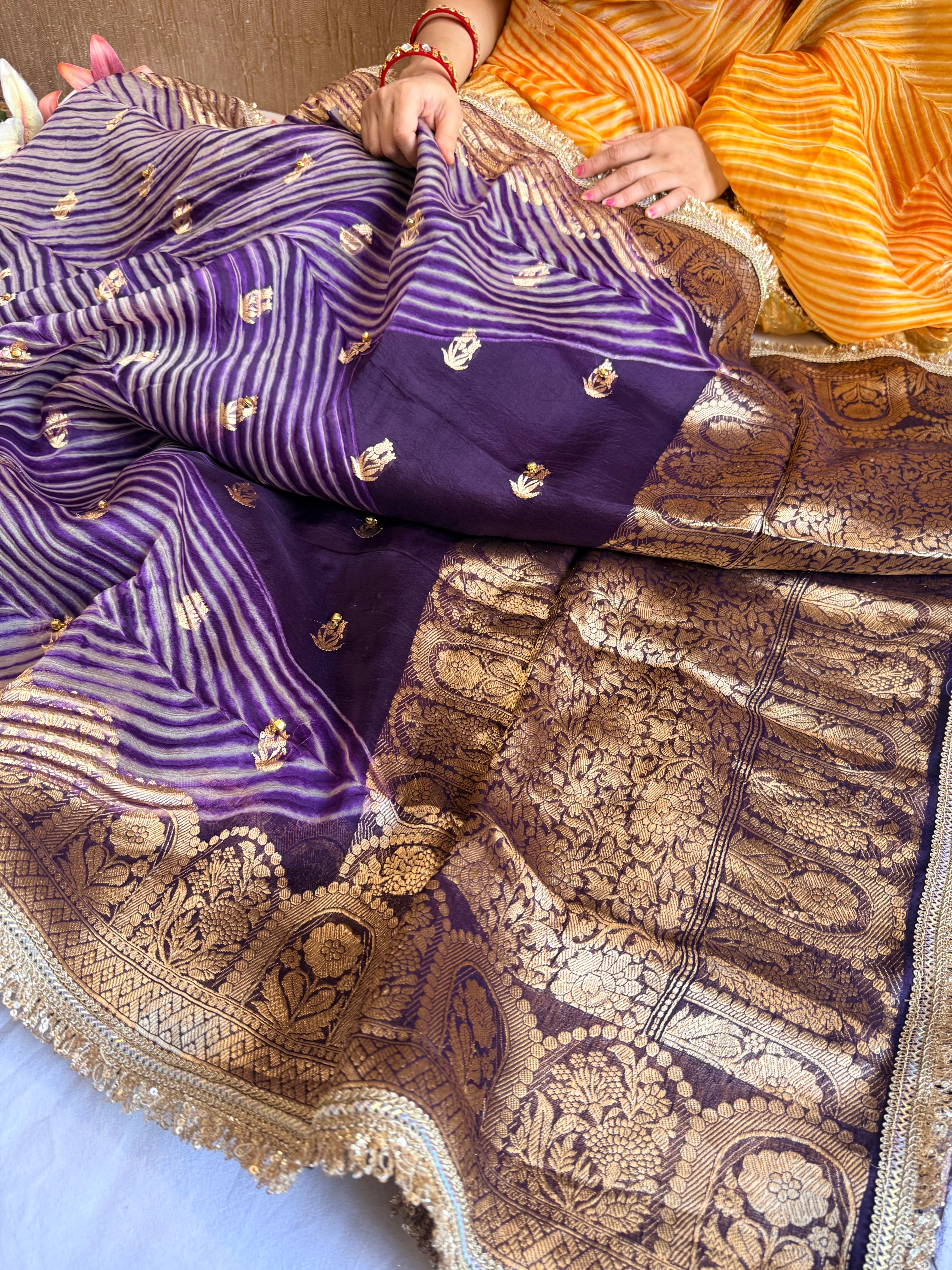 Brinjal purple banarasi kora silk arshi dyed kadhwa saree