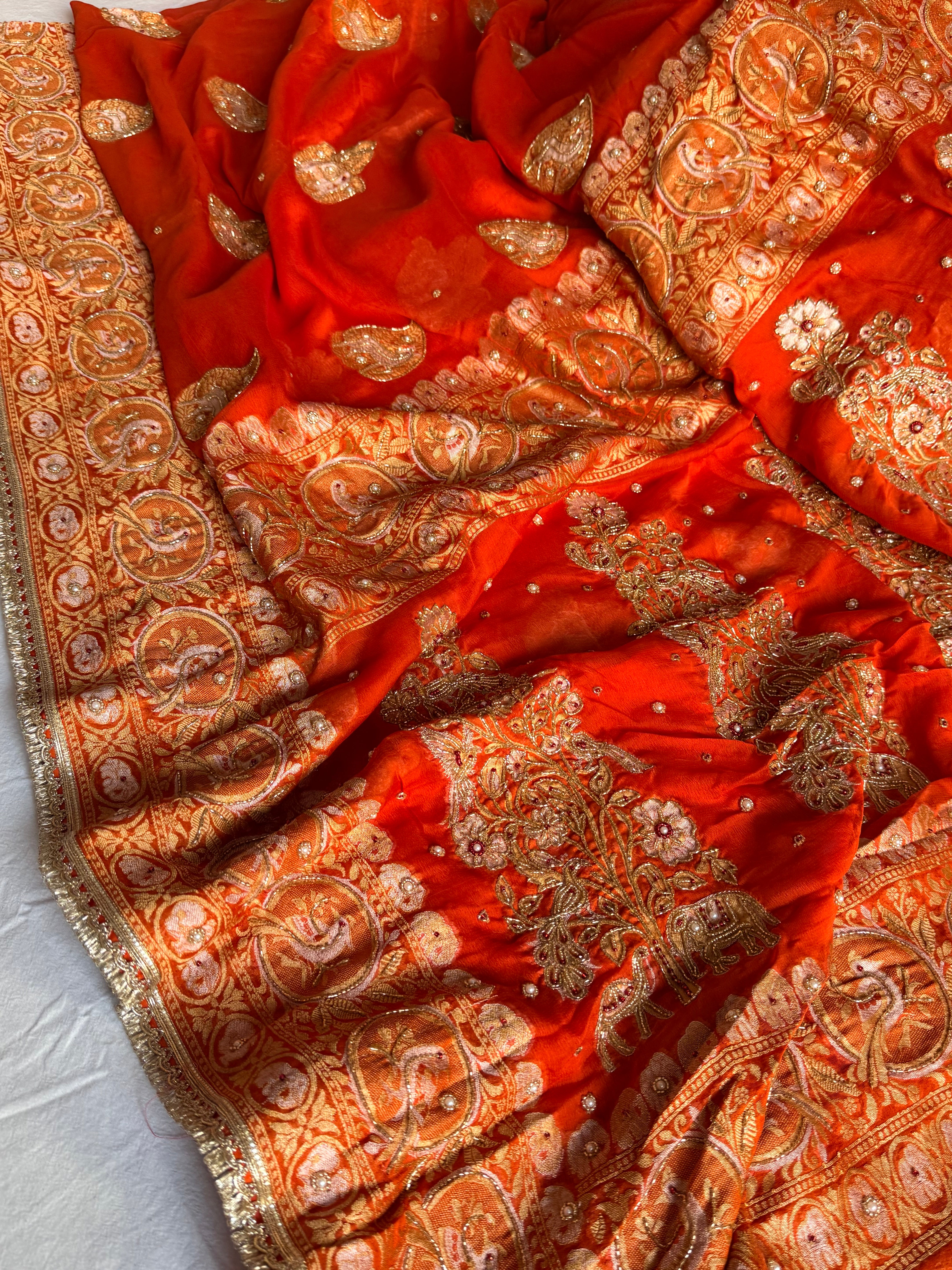 Banarasi chiffon gorgette kadhwa weaving hand embroidered saree