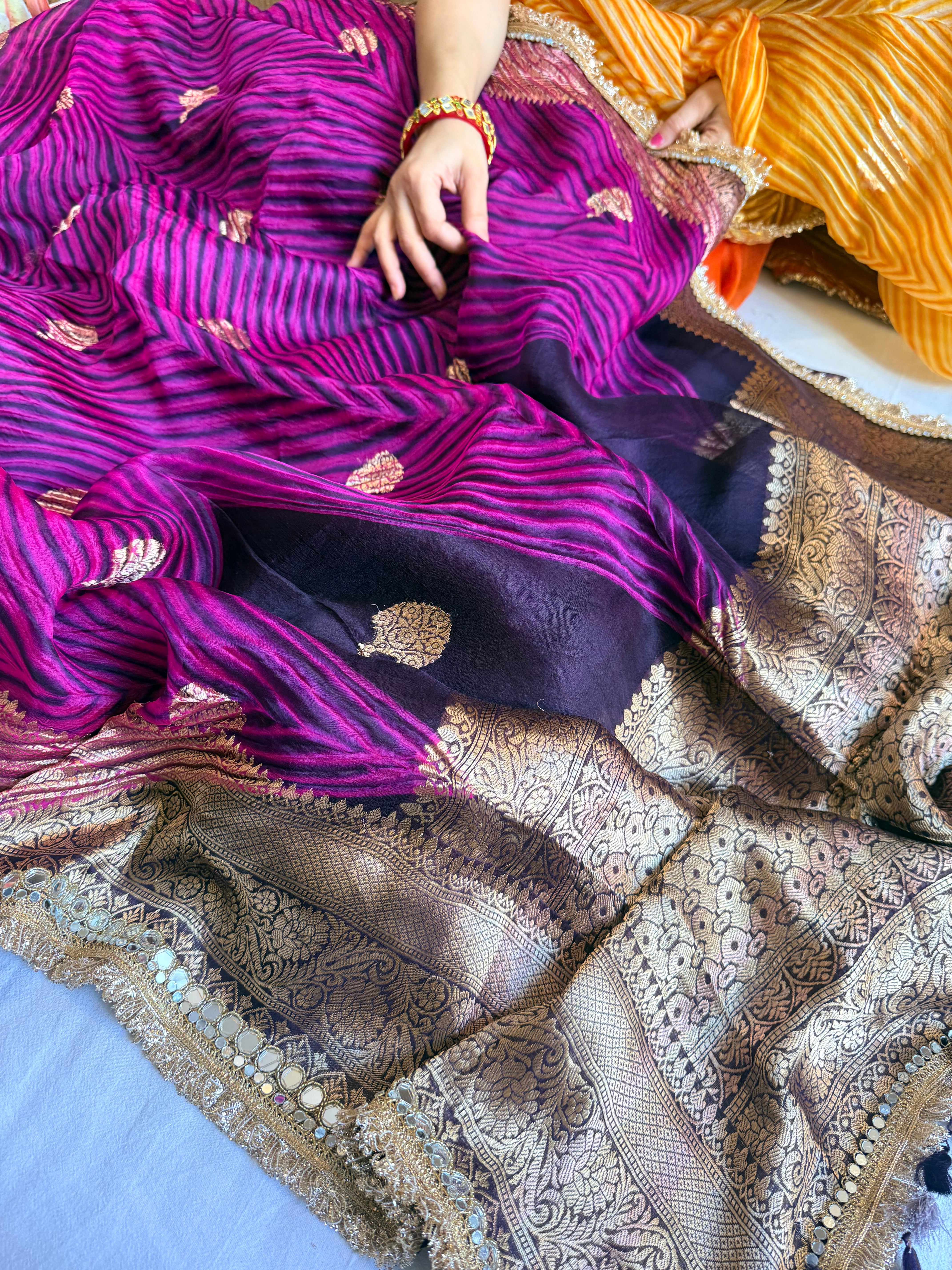 Jamuni gulab banarasi kora silk arshi dyed mirrorwork kadhwa saree