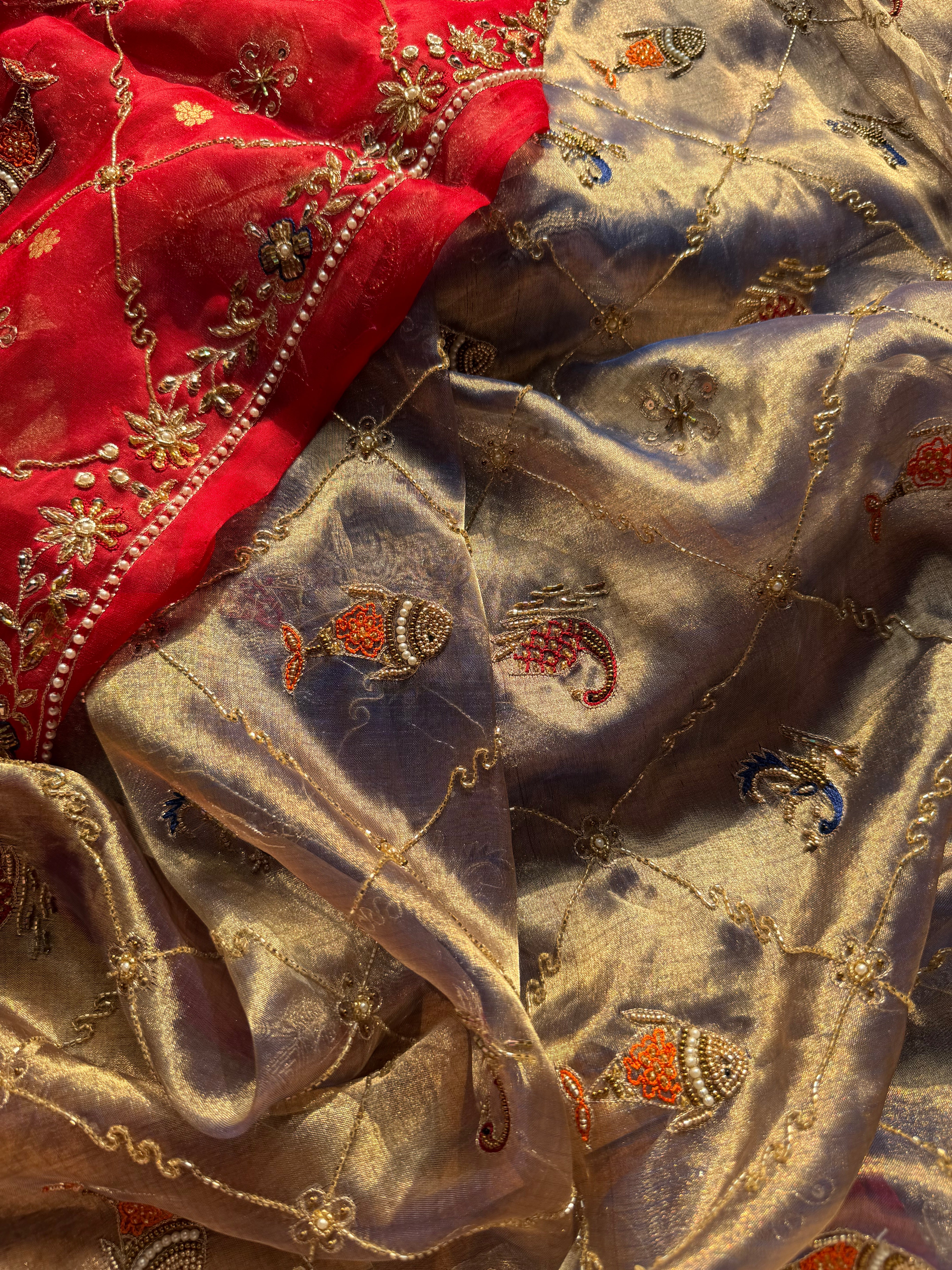 Husn edit shikargah animal motif blush blue hand embroidered saree