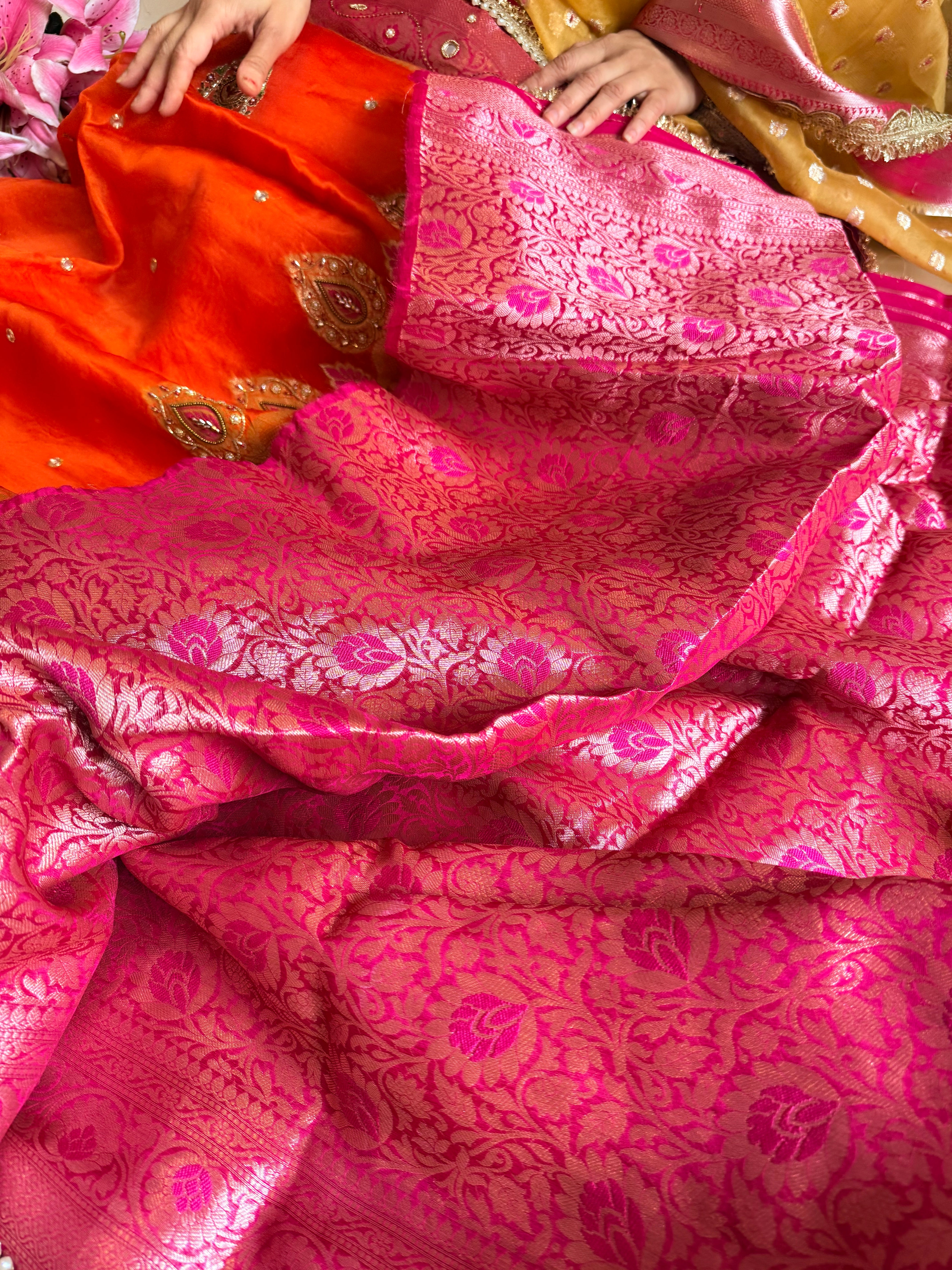 Husn ganga jamuna contrast border kora silk hand embroidered saree