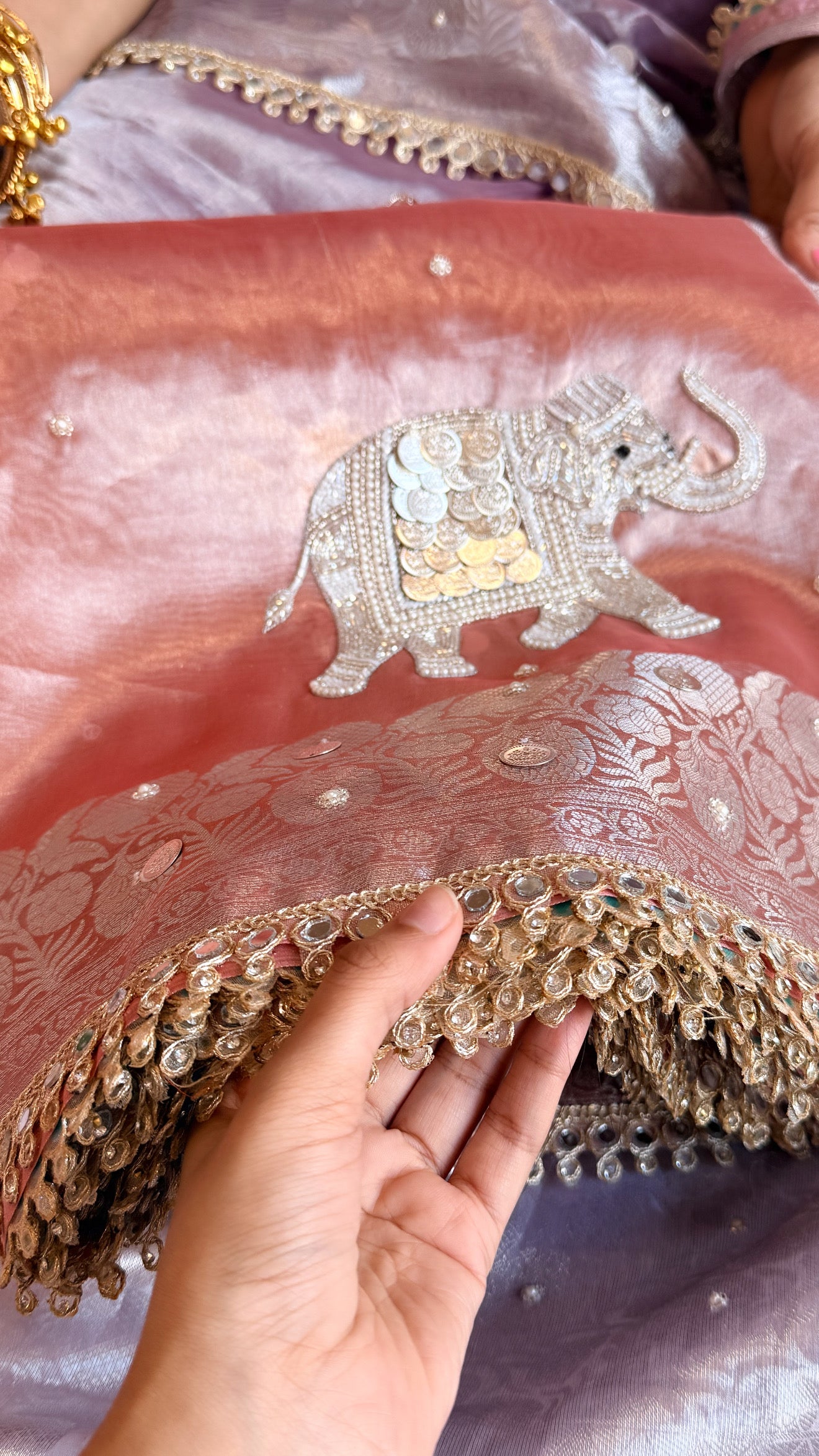 Gulabi jadau edit - Blush pinkish peach tissue silk jadau work hand embroidered saree