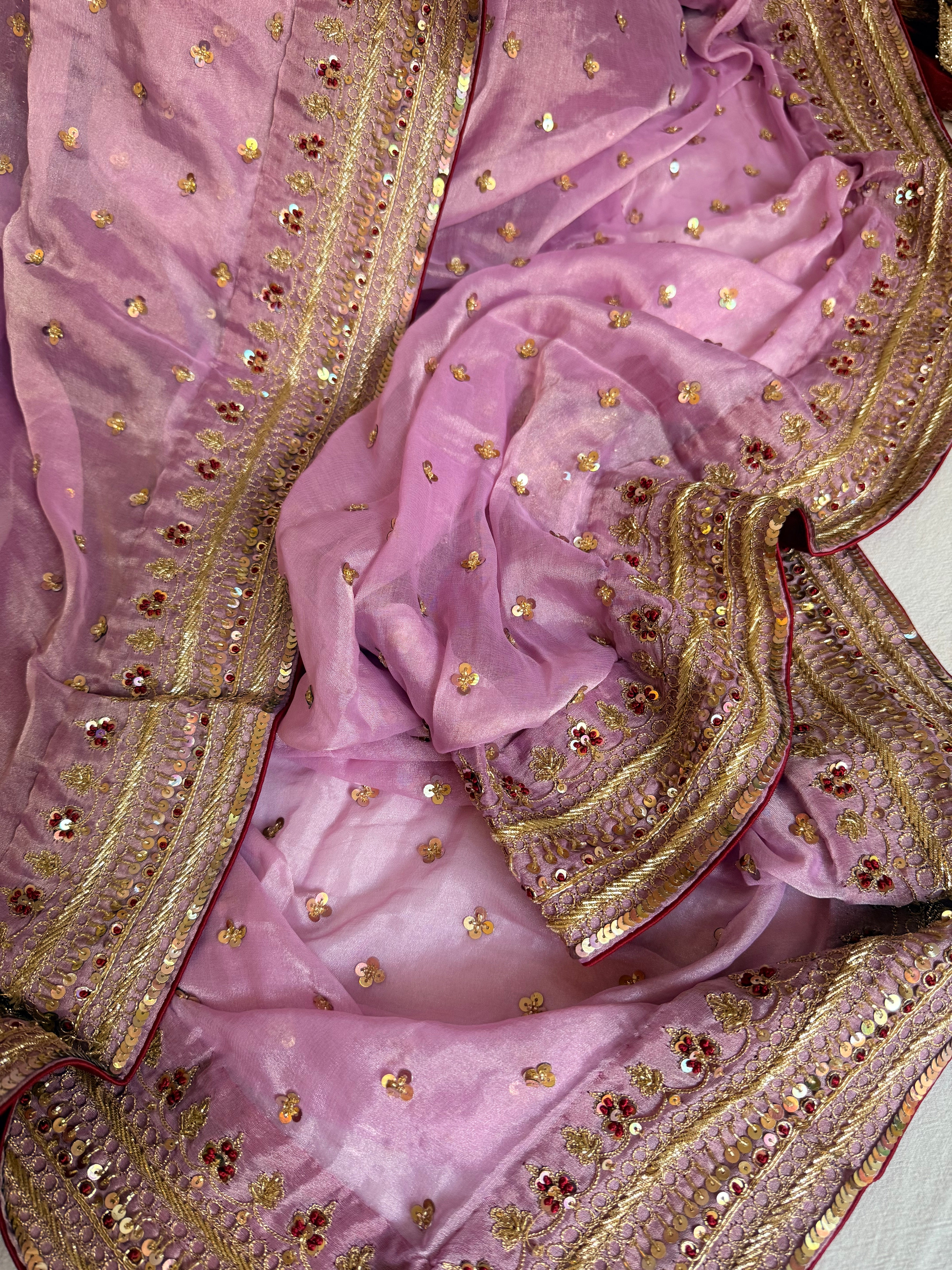 Blush pink tissue gorgette chunri buti hand embroidered kadhwa saree