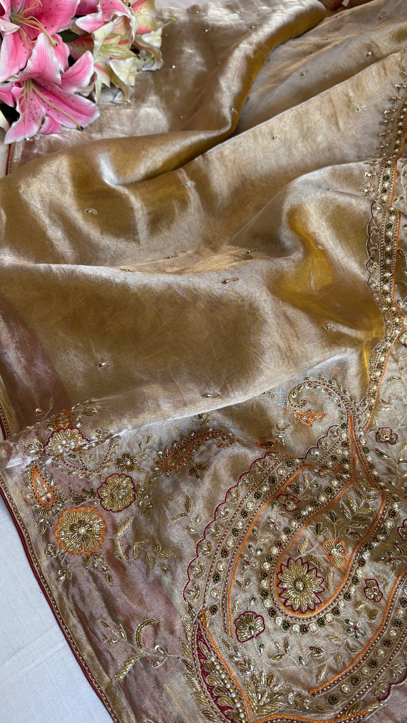 Pakeezah edit 2.0 - Molten gold zardozi hand embroidered tissue silk kadhwa saree