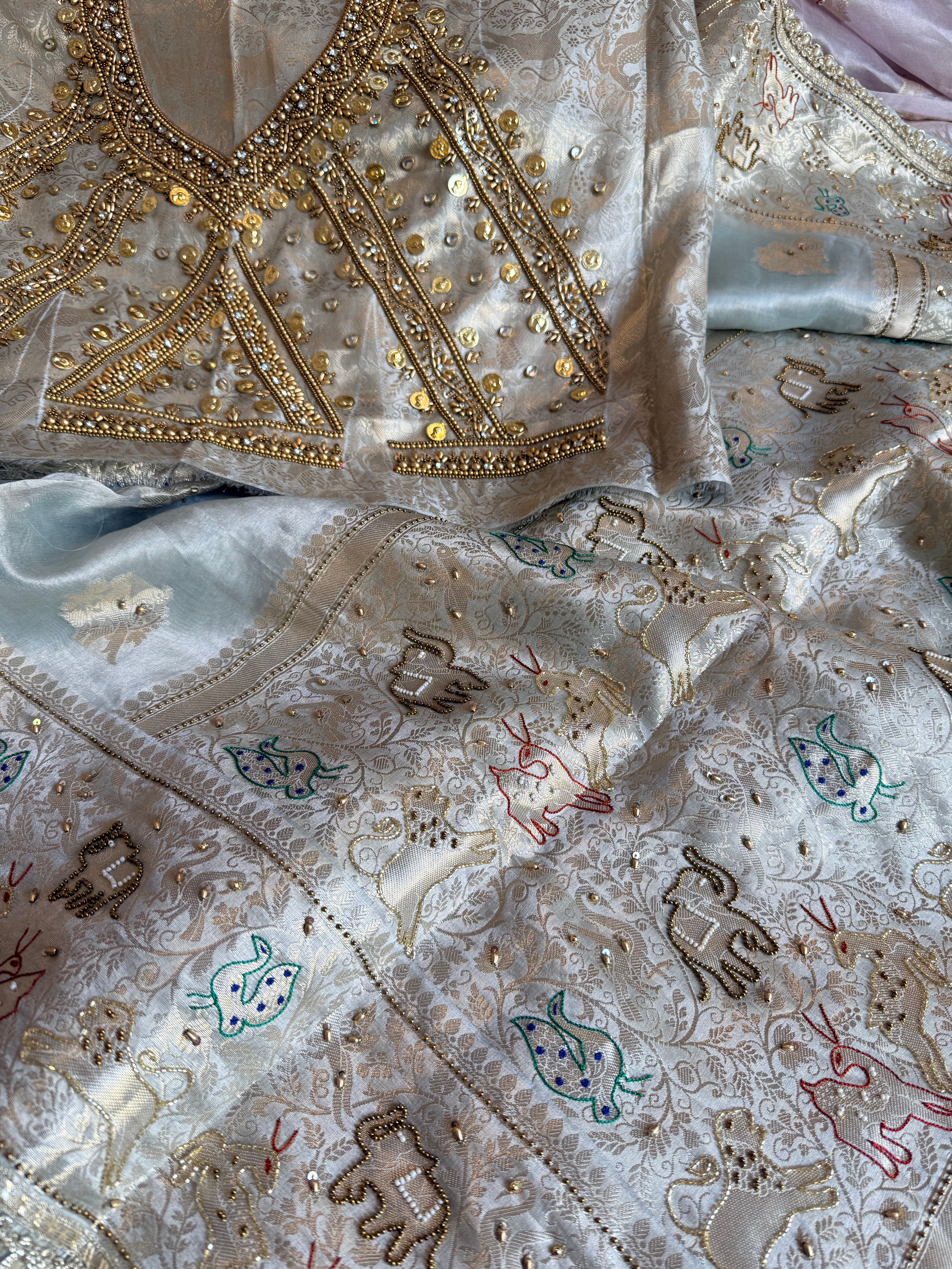 Vrindavan edit saree - Ice blue diamond tissue silk hand embroidered jadau work saree