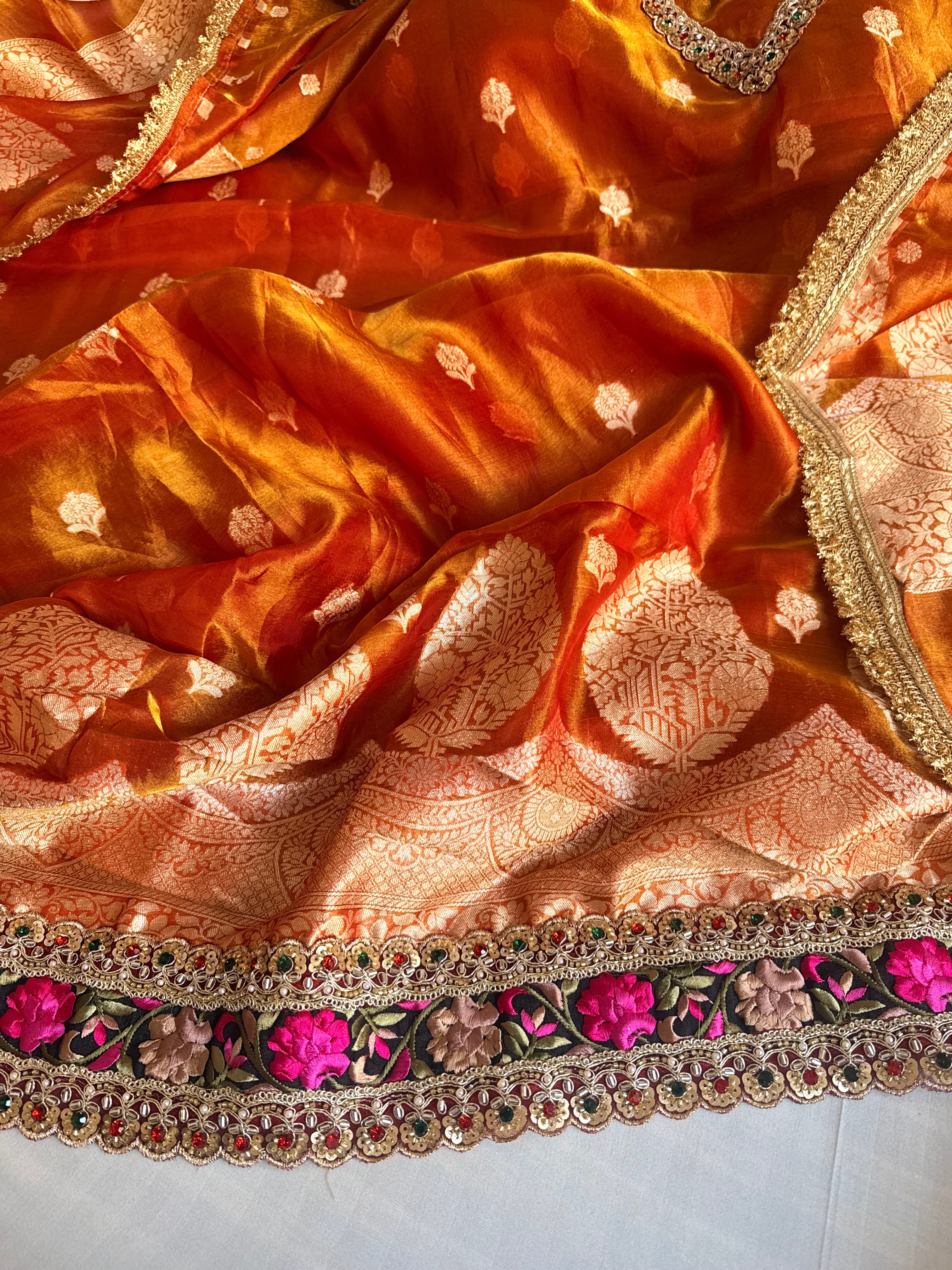 Navratna fanta orange tissue silk kadhwa buti hand embroidered suit sets