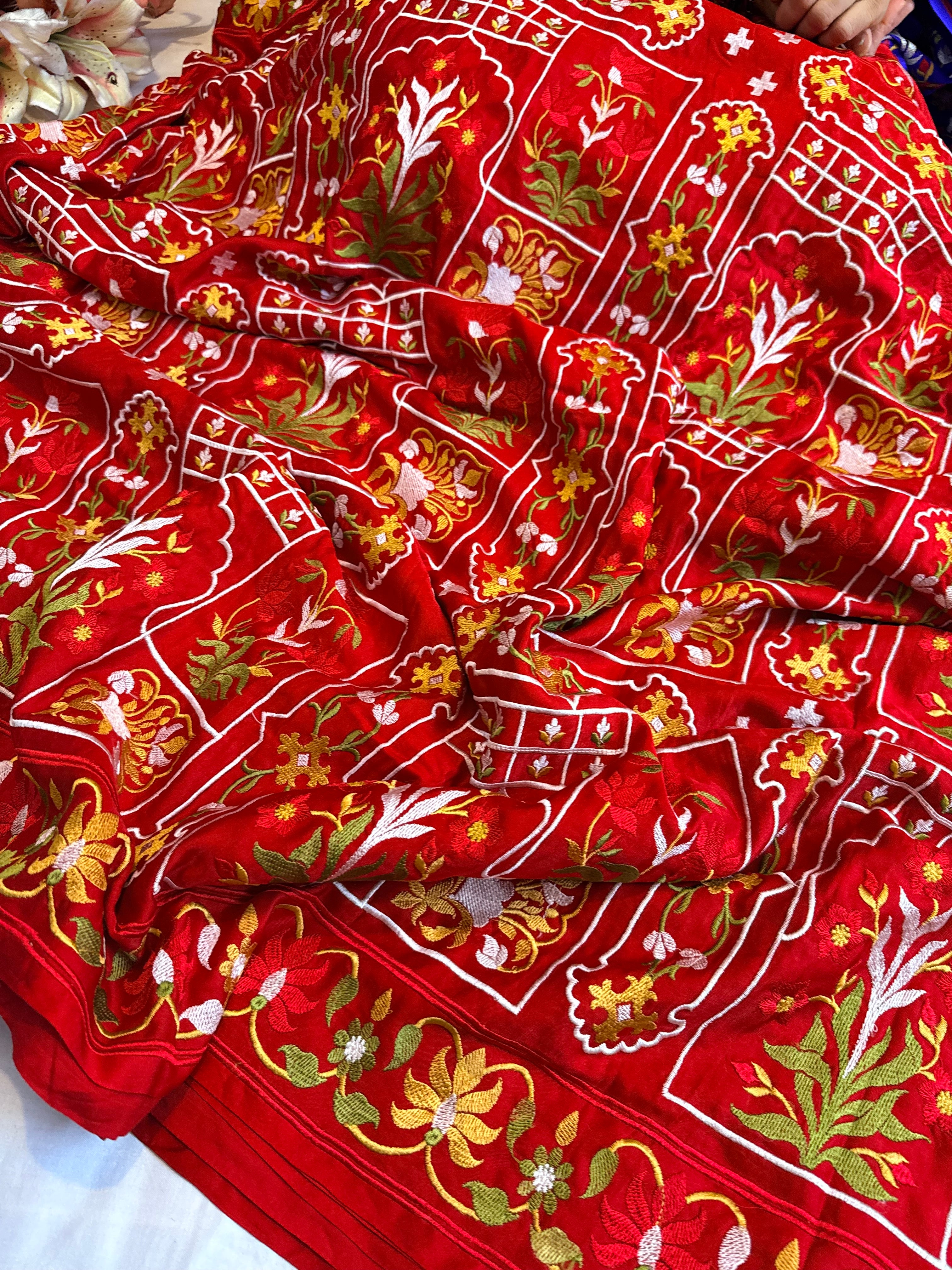 Jamdani hand embroidered red mashru silk thread embroidered saree