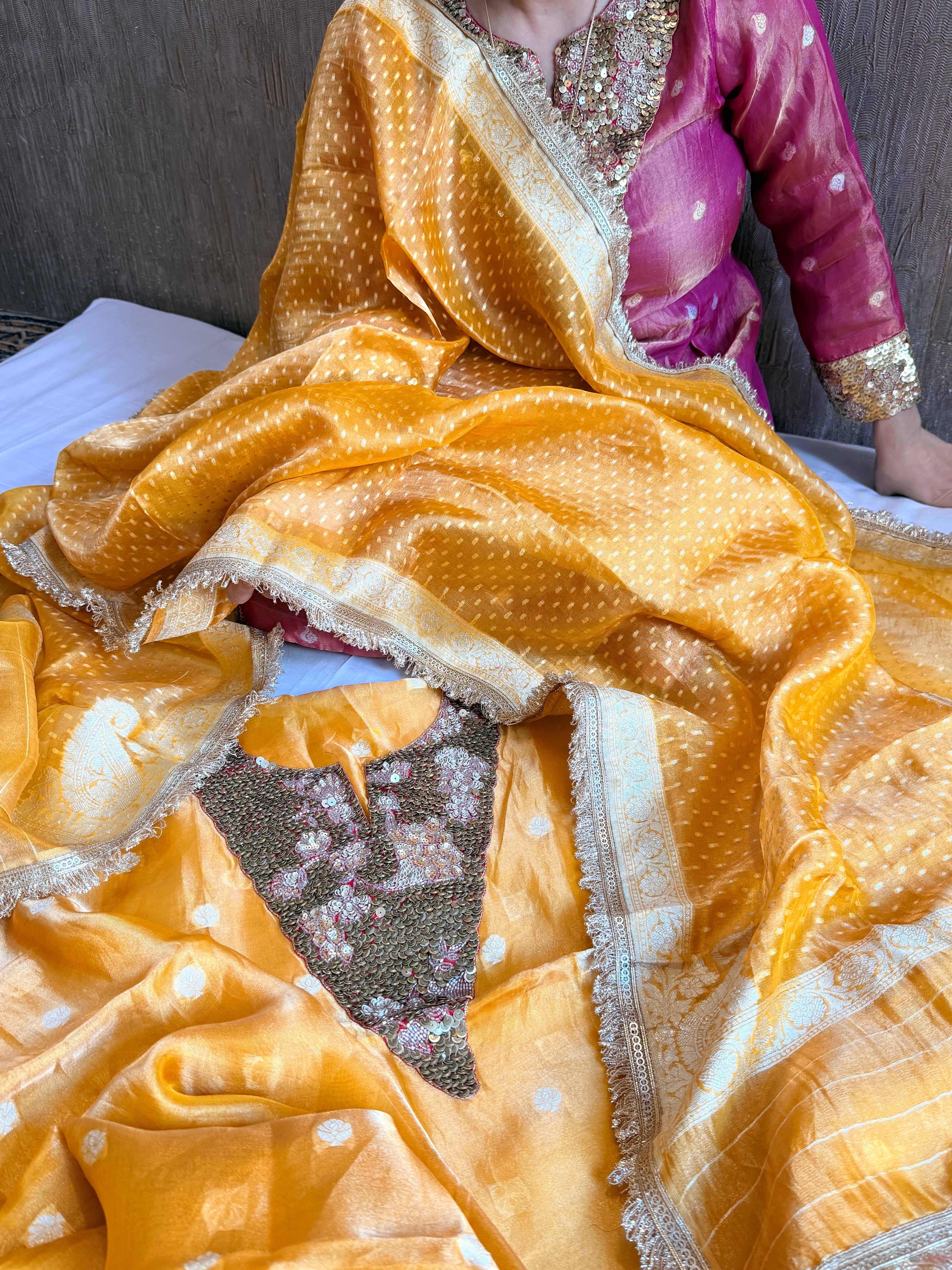 Karwachauth edit tissue silk sequins work hand embroidered suits