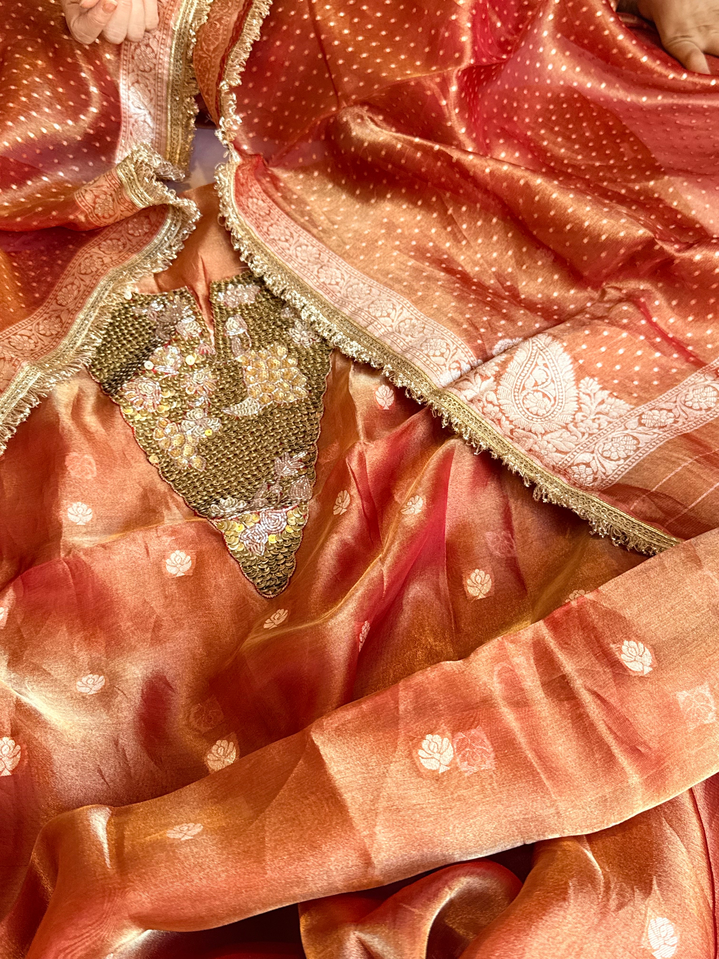 Karwachauth edit tissue silk sequins work hand embroidered suits