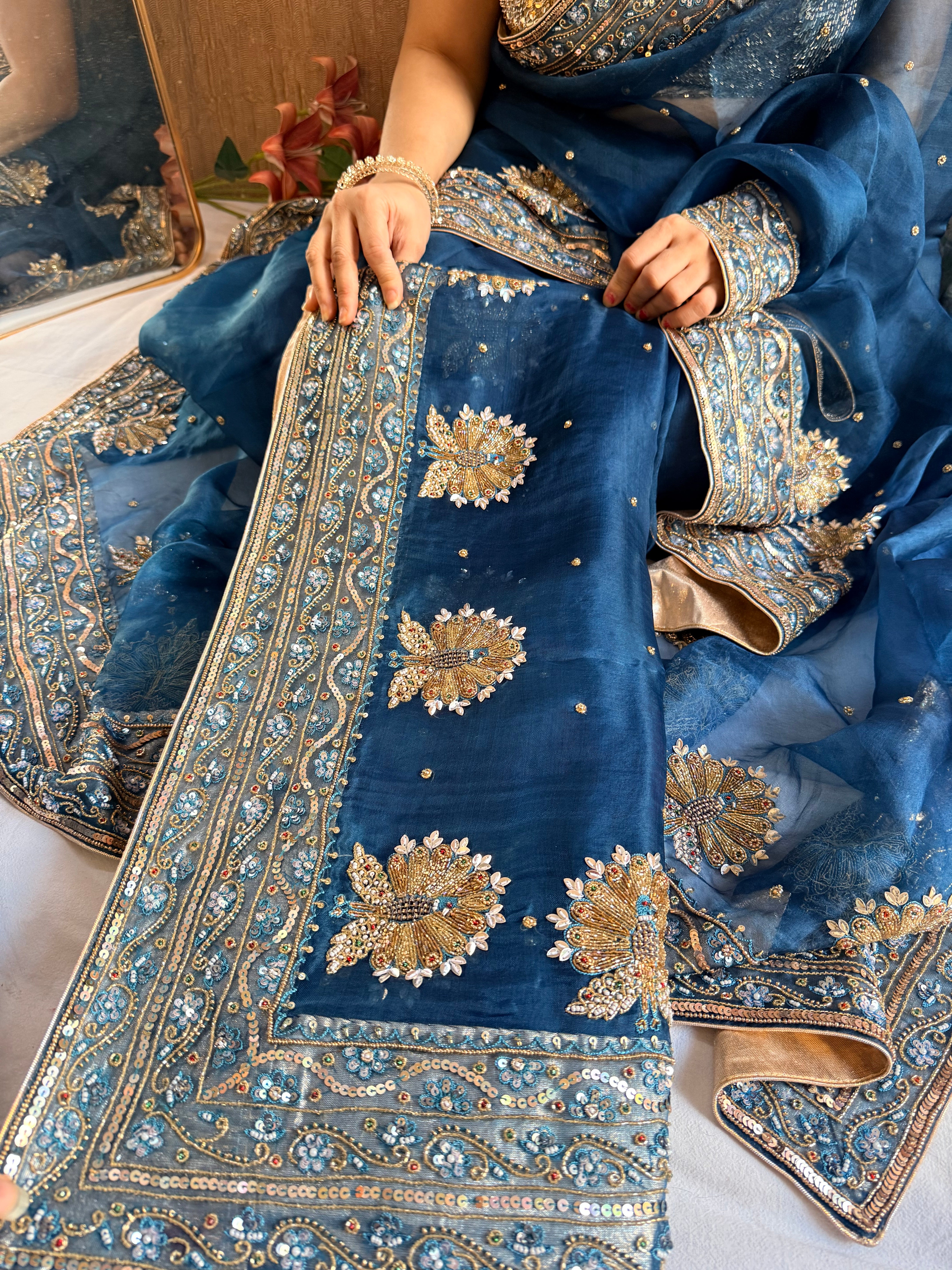 Morpankh edit - Peacock blue kora silk zardozi hand embroidered mor motif saree
