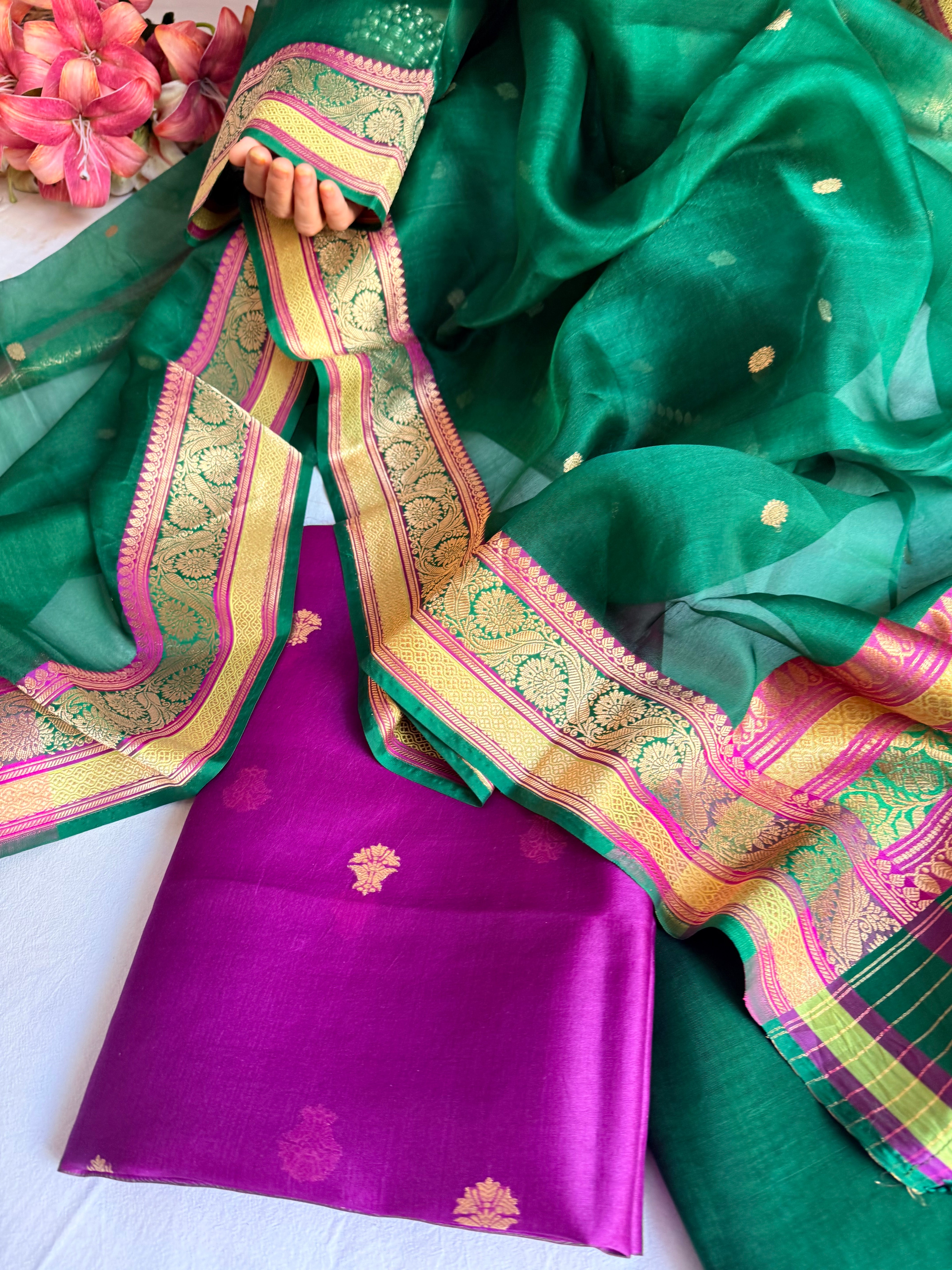 Banarasi purple-bottle green banarasi meenkari kadhwa border chap dye suits