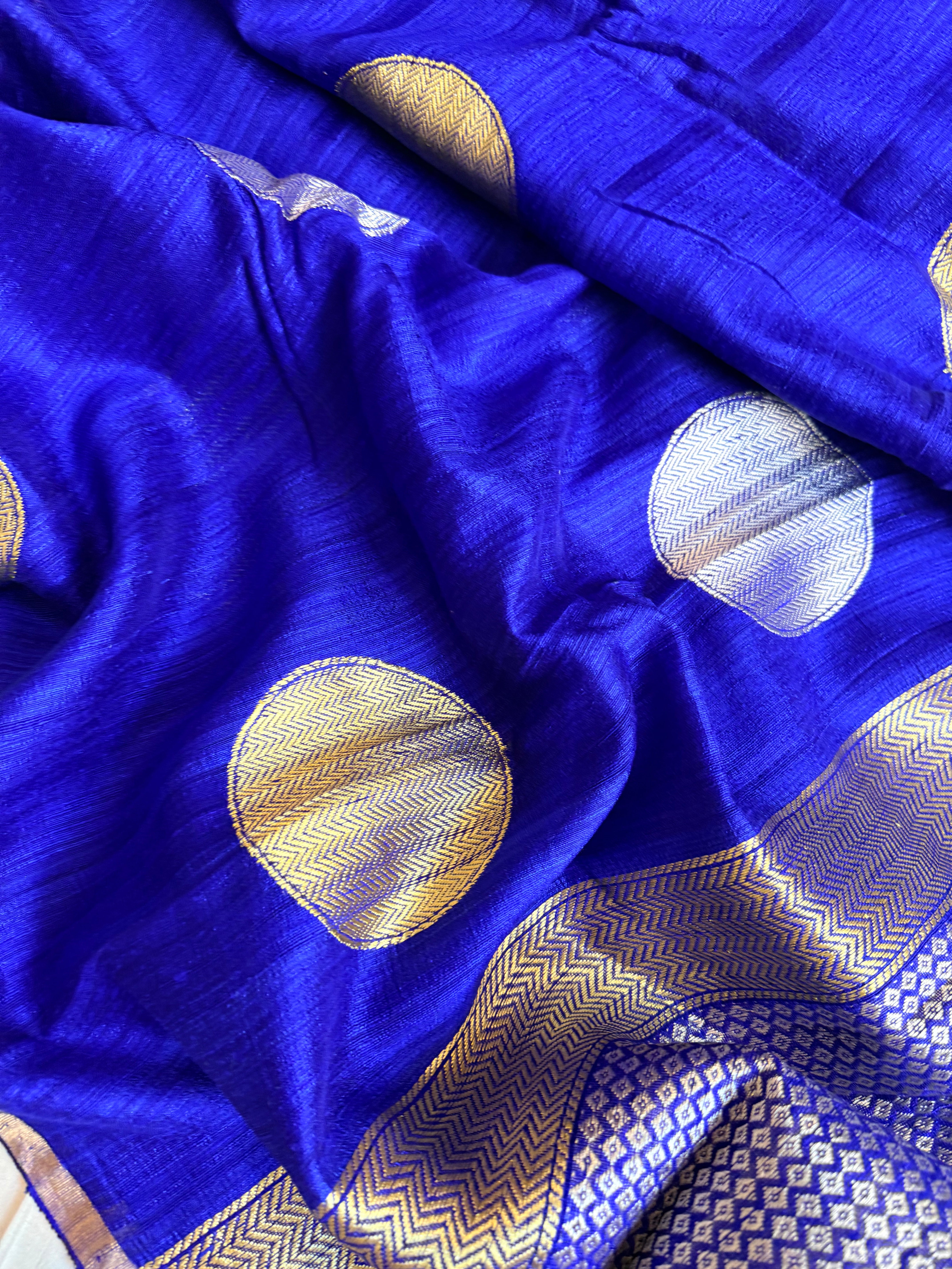 Electric blue tussar gorgette kadhwa weaving saree