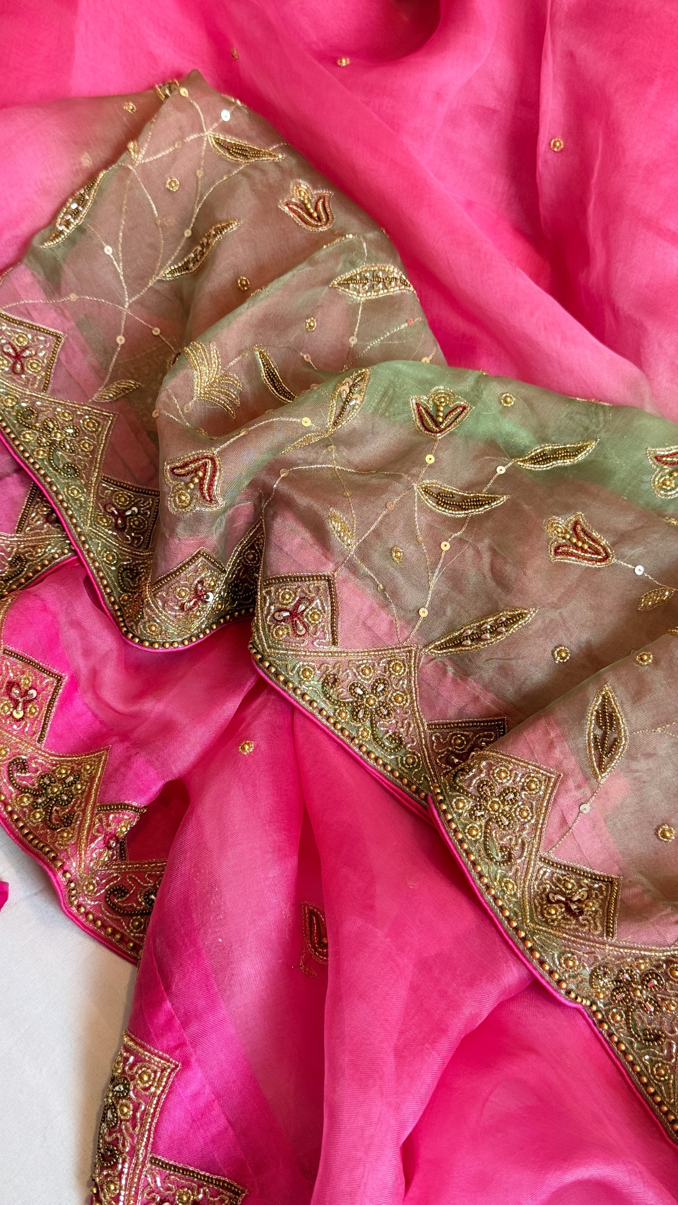 Gulkand edit - Banarasi kora silk ombre shaded hand embroidered kadhwa saree preorder on 15 days