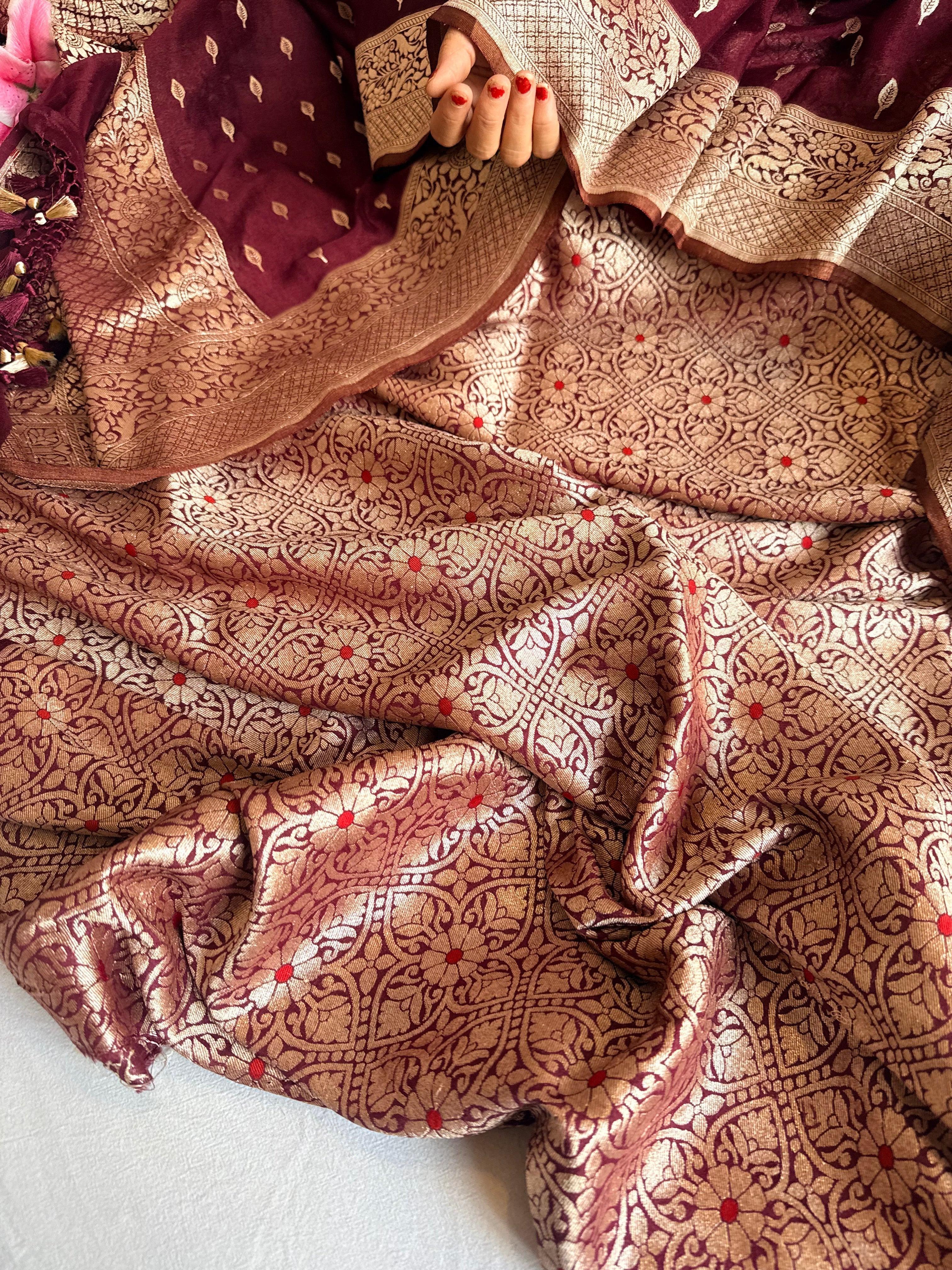 Bergundy brown moonga brocade ambose meenakari suit set