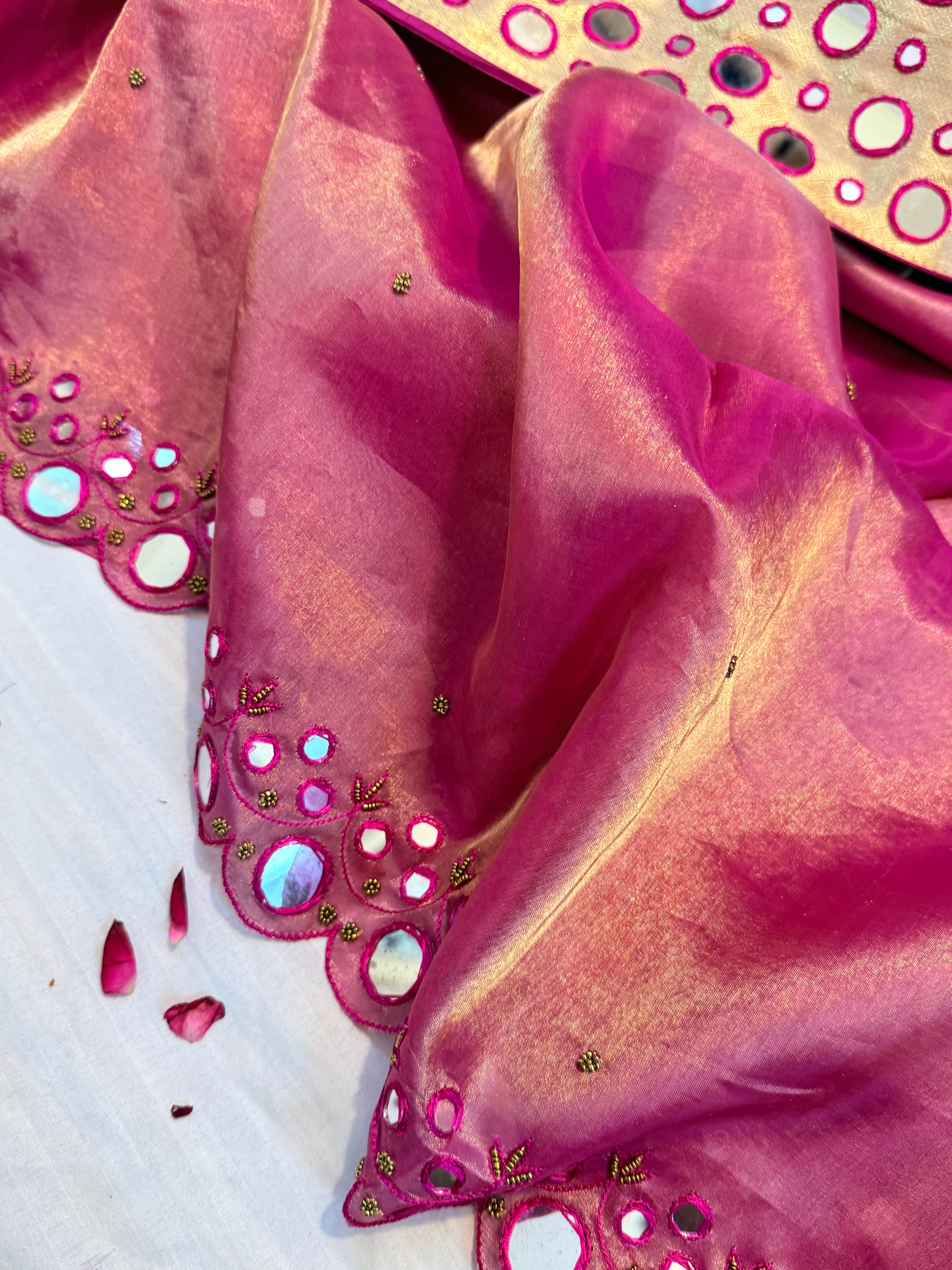 Sheeshe wali hot pink tissue silk mirrorwork hand embroidered banarasi saree