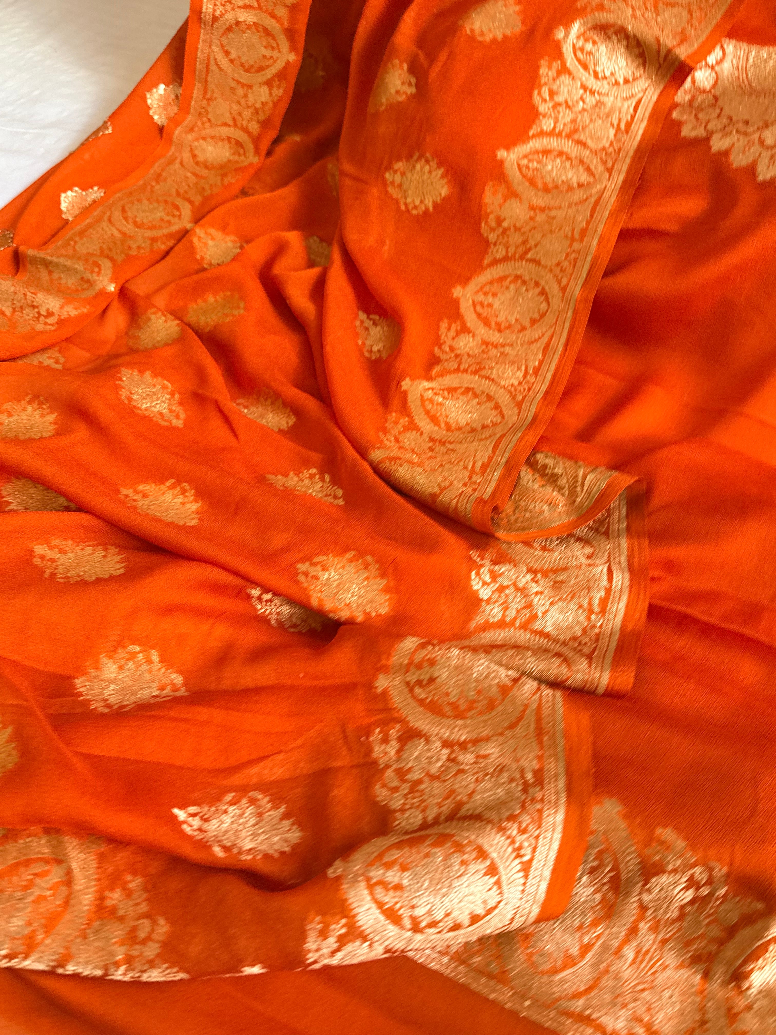 Neck & Pocket weaving - Chiffon gorgette fanta orange kadhwa weaving suit set