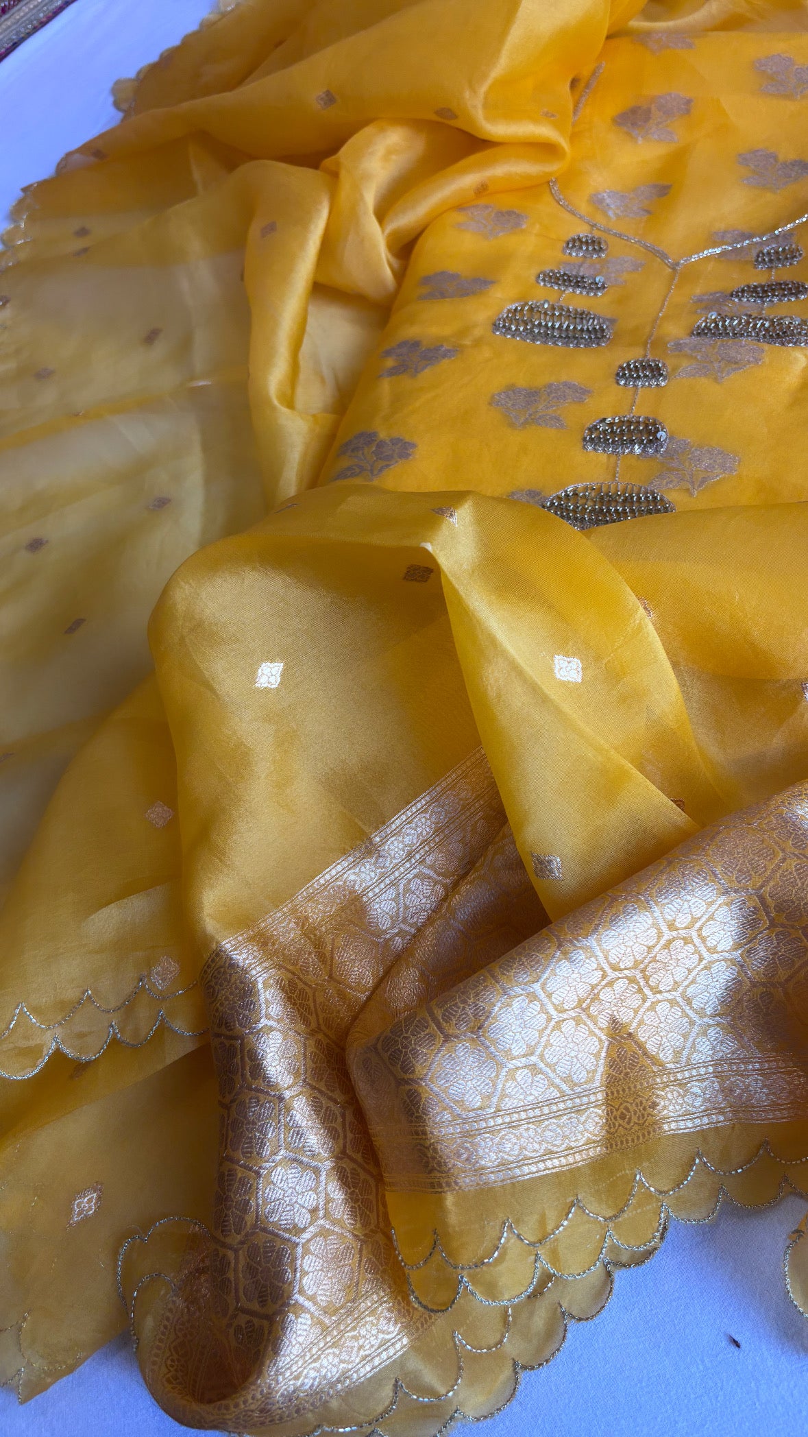 Banarasi “haldi ka din” kora silk hand embroidered kadhwa suit sets