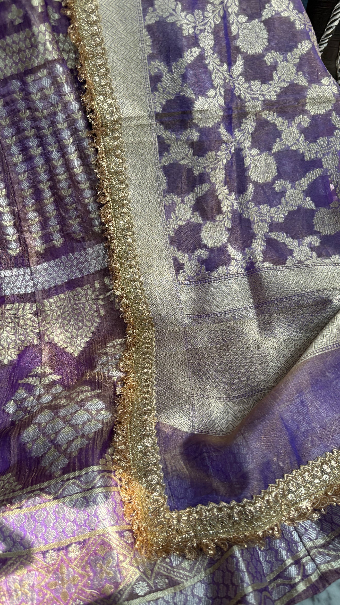 Lavender tissue silk heavy kali wala lehenga set