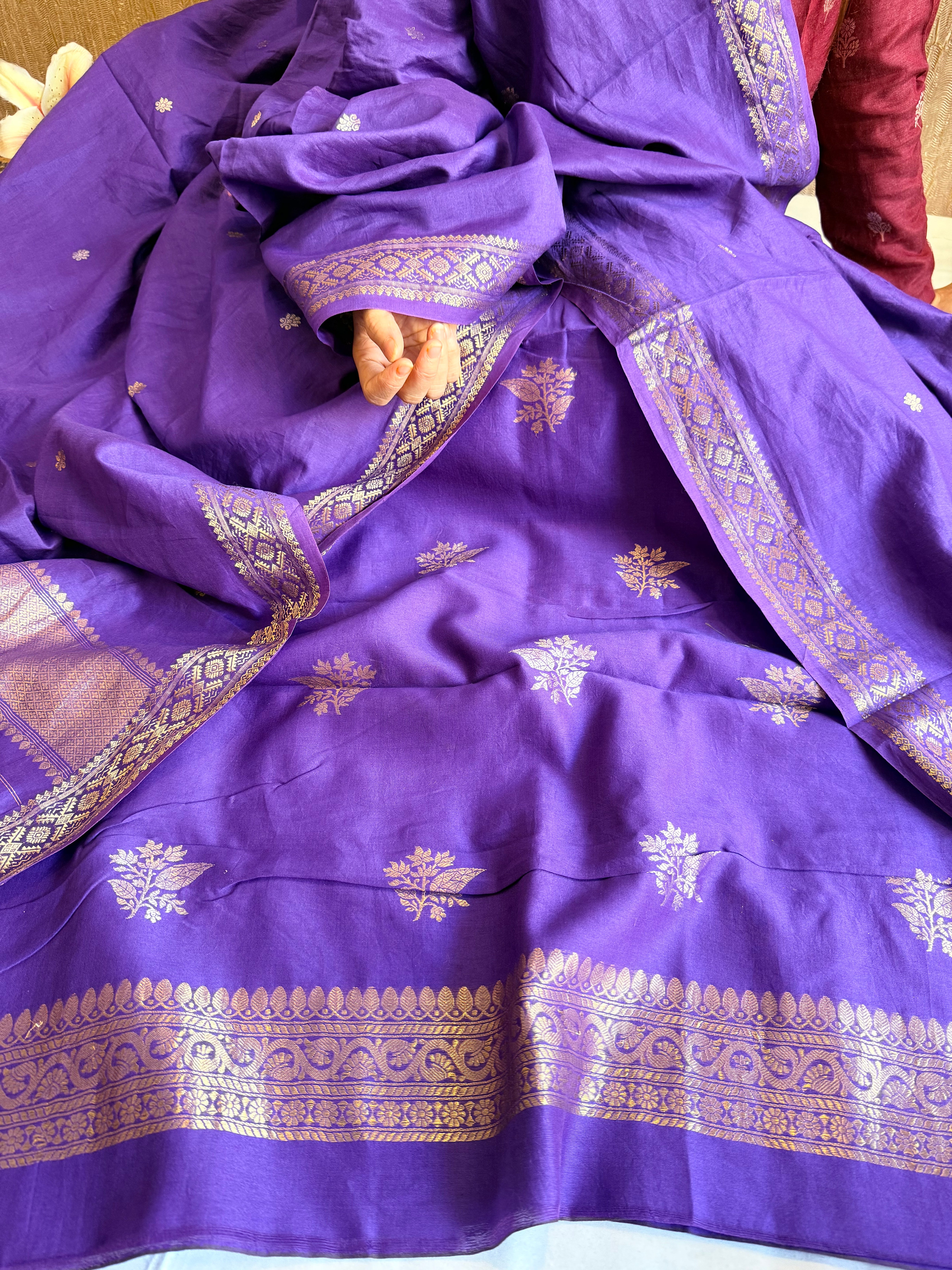 Mul cotton banarasi kadhwa buti deep purple suit set
