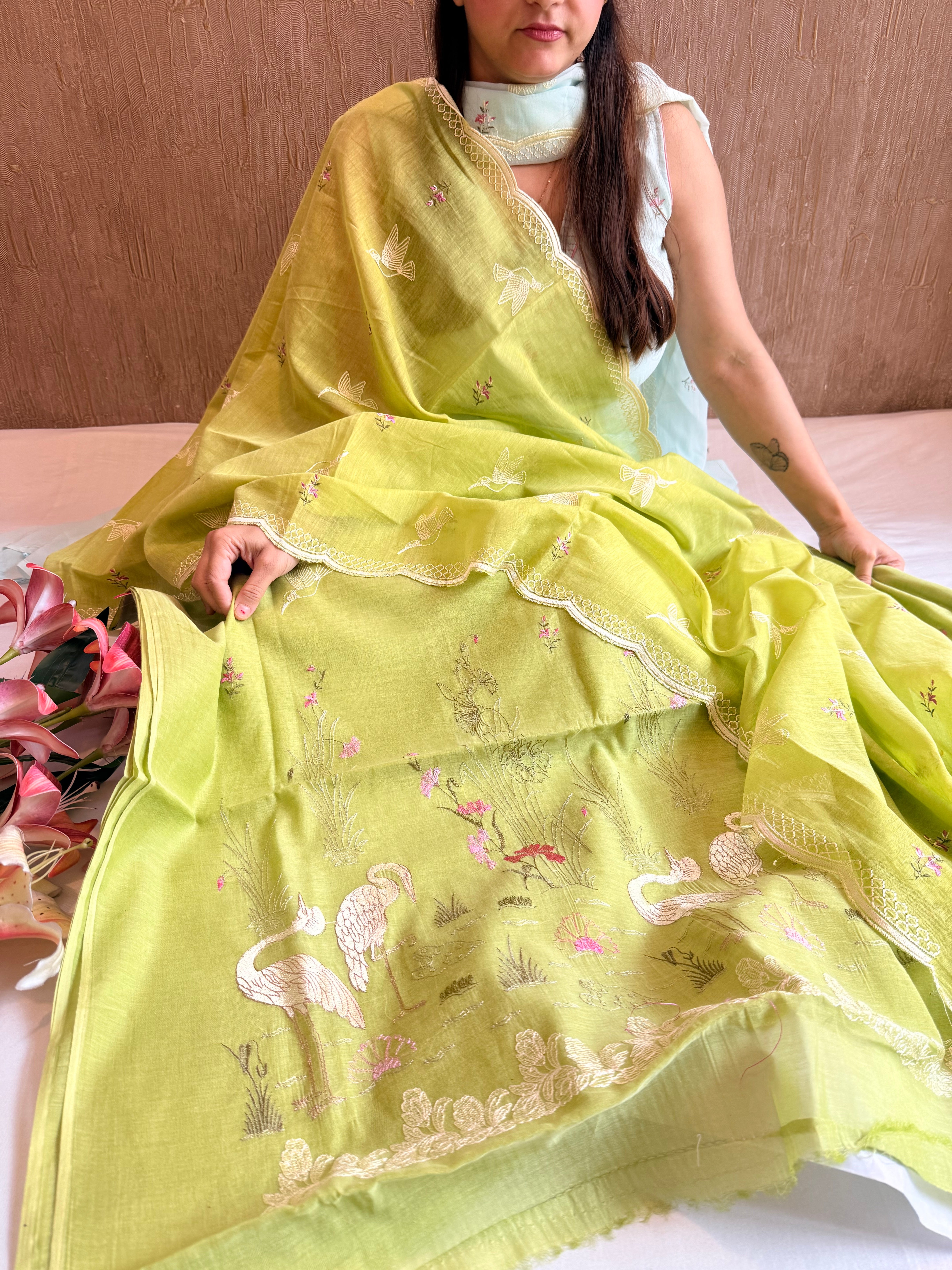 Grass green mul cotton flamingo resham hand embroidered suit set