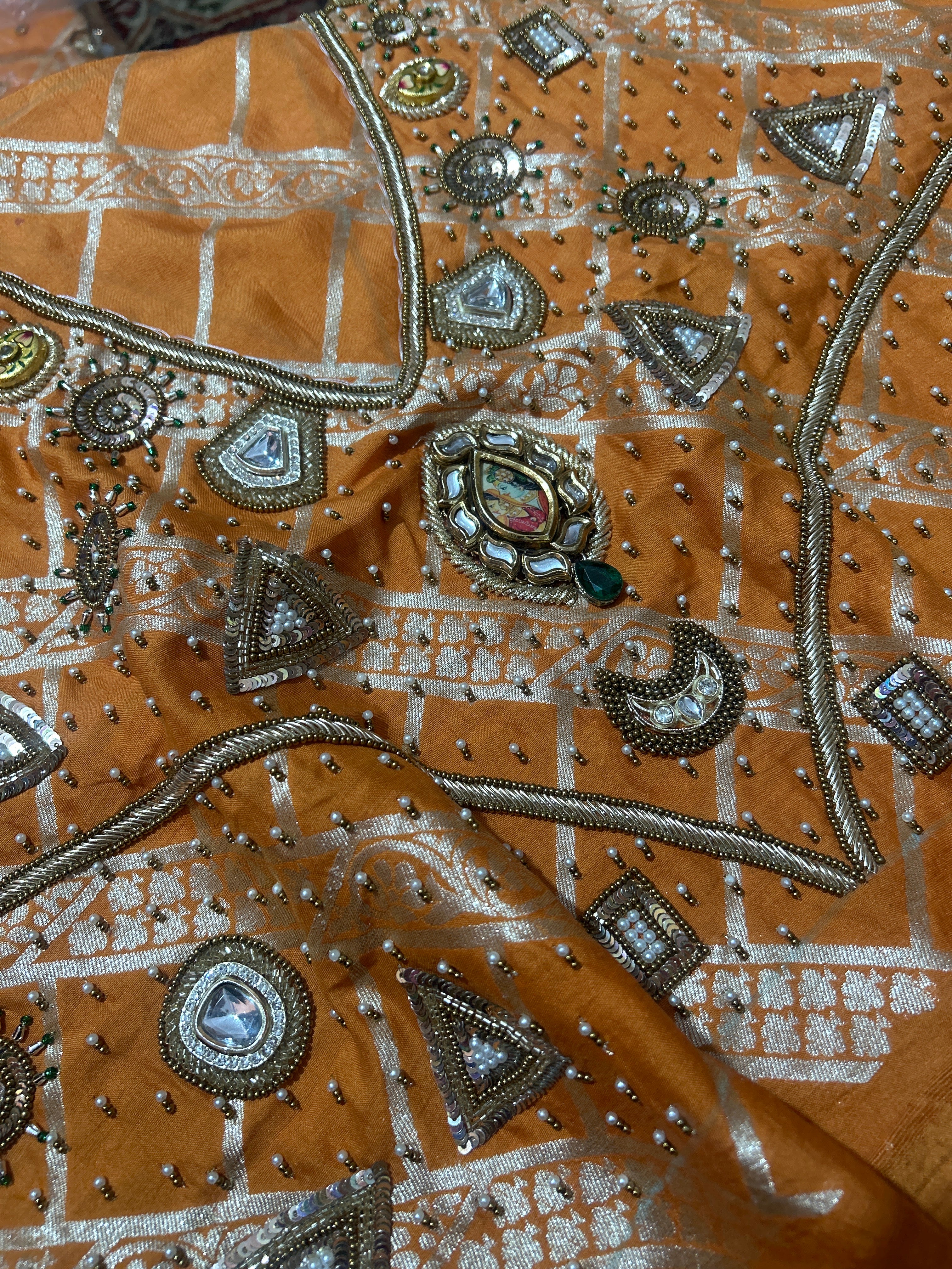 Spun chiniya silk mirrorwork hand embroidered banarasi saree