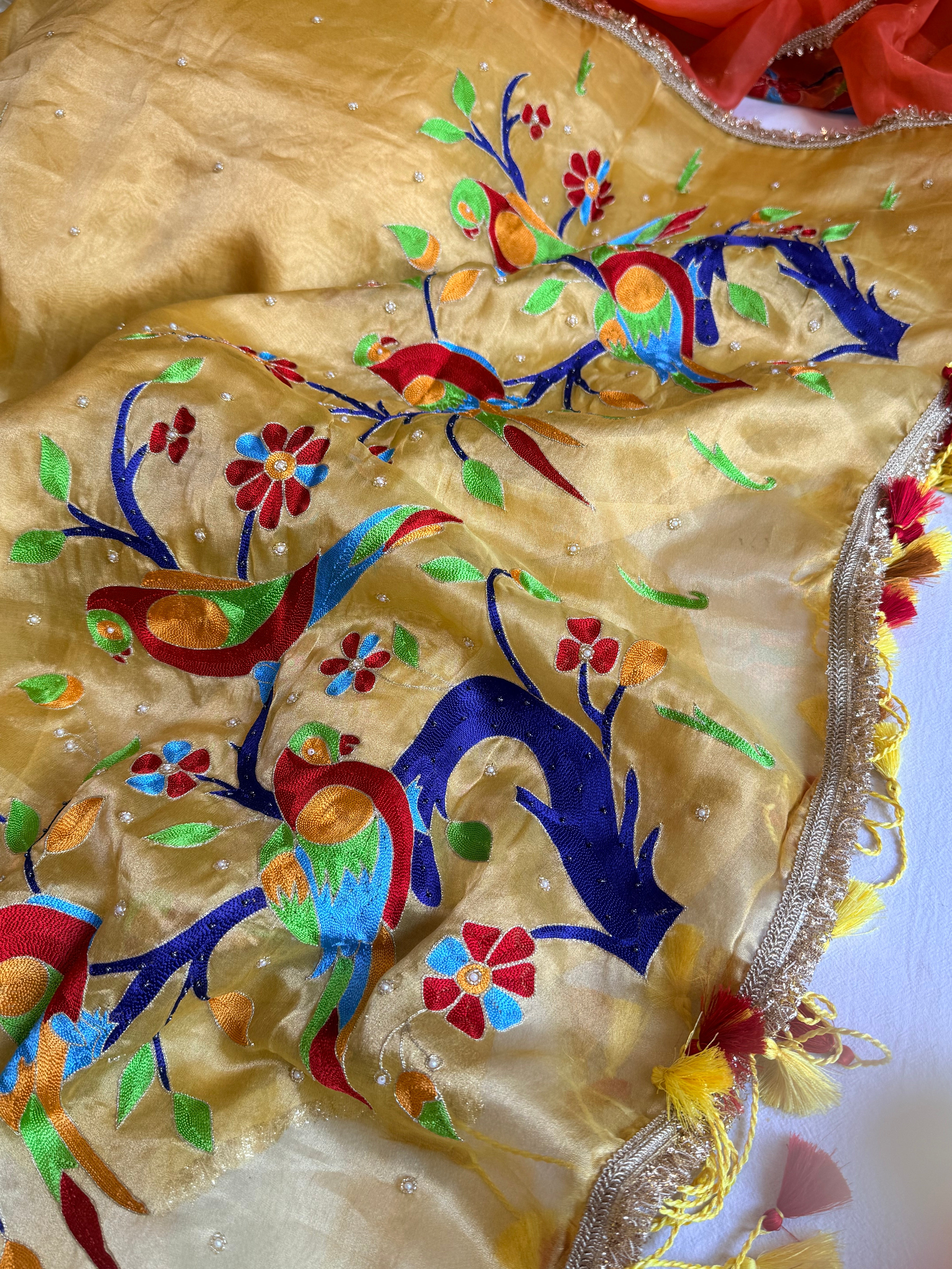 Butter yellow tissue silk paithani weaving hand embroidered kadhwa saree