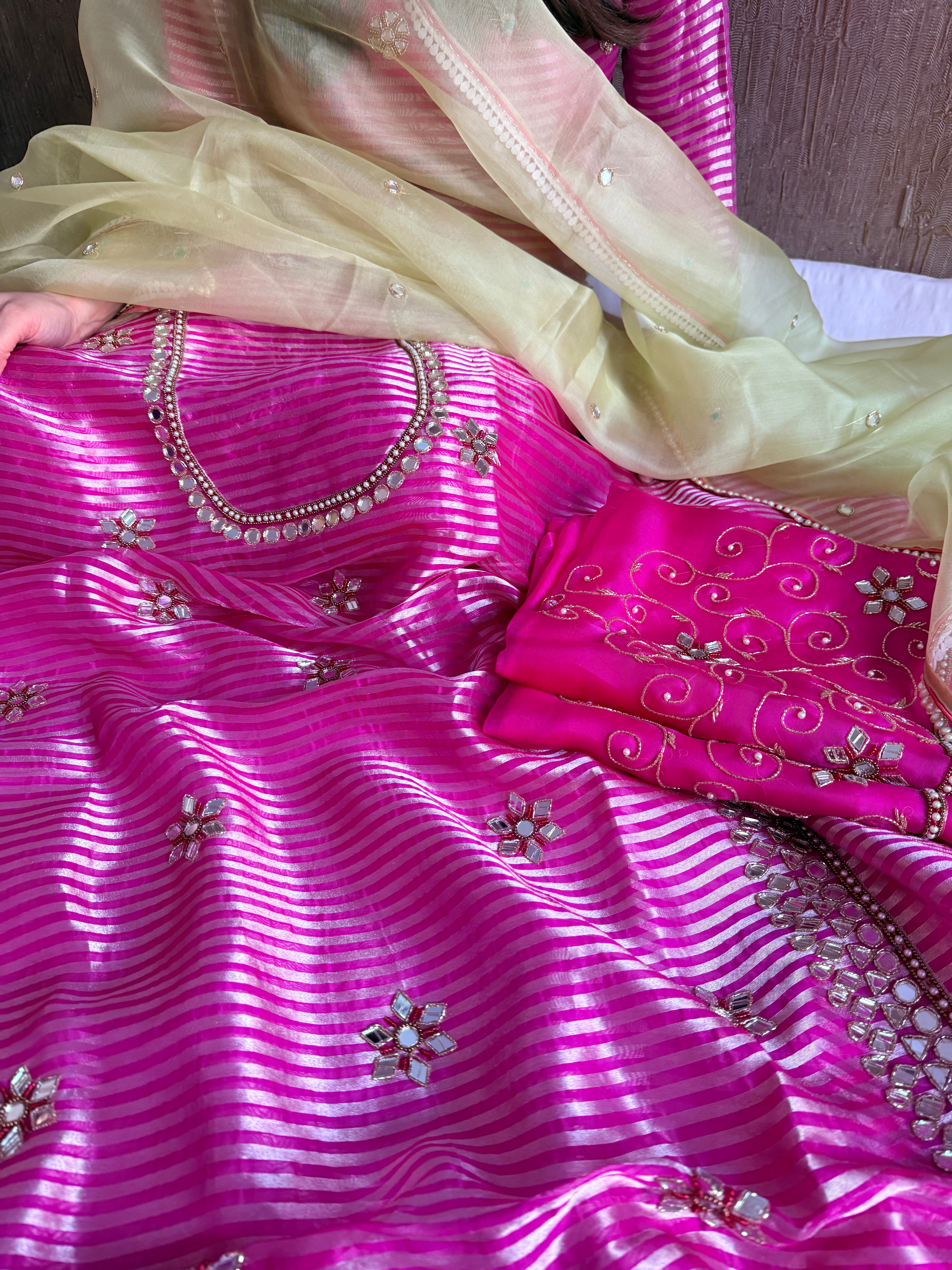 Kora silk silver zari striped mirror work edit hand embroidered kadhwa suit set