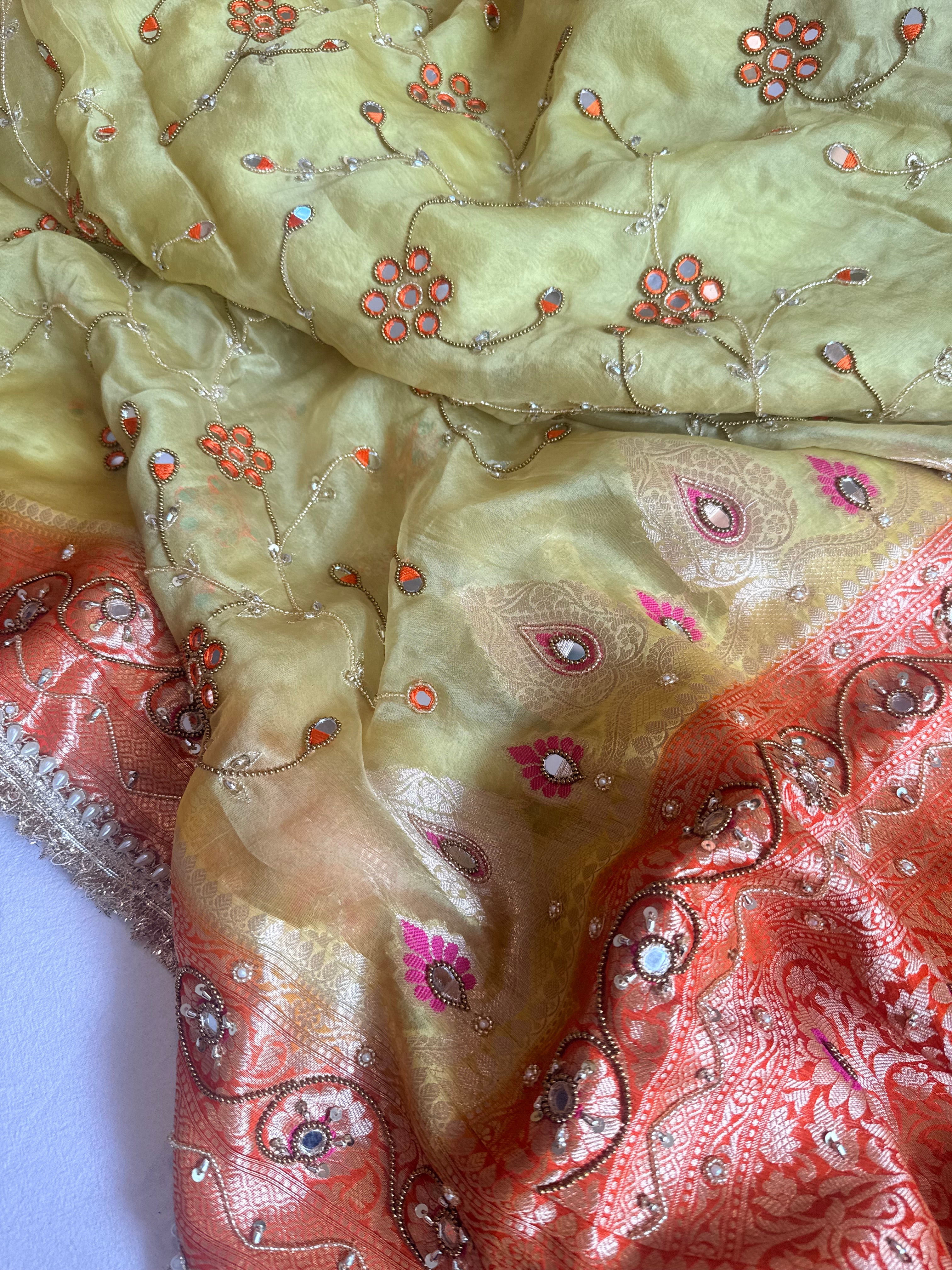 Haldi yellow-sindoori orange husn kora silk mirror work hand embroidered saree