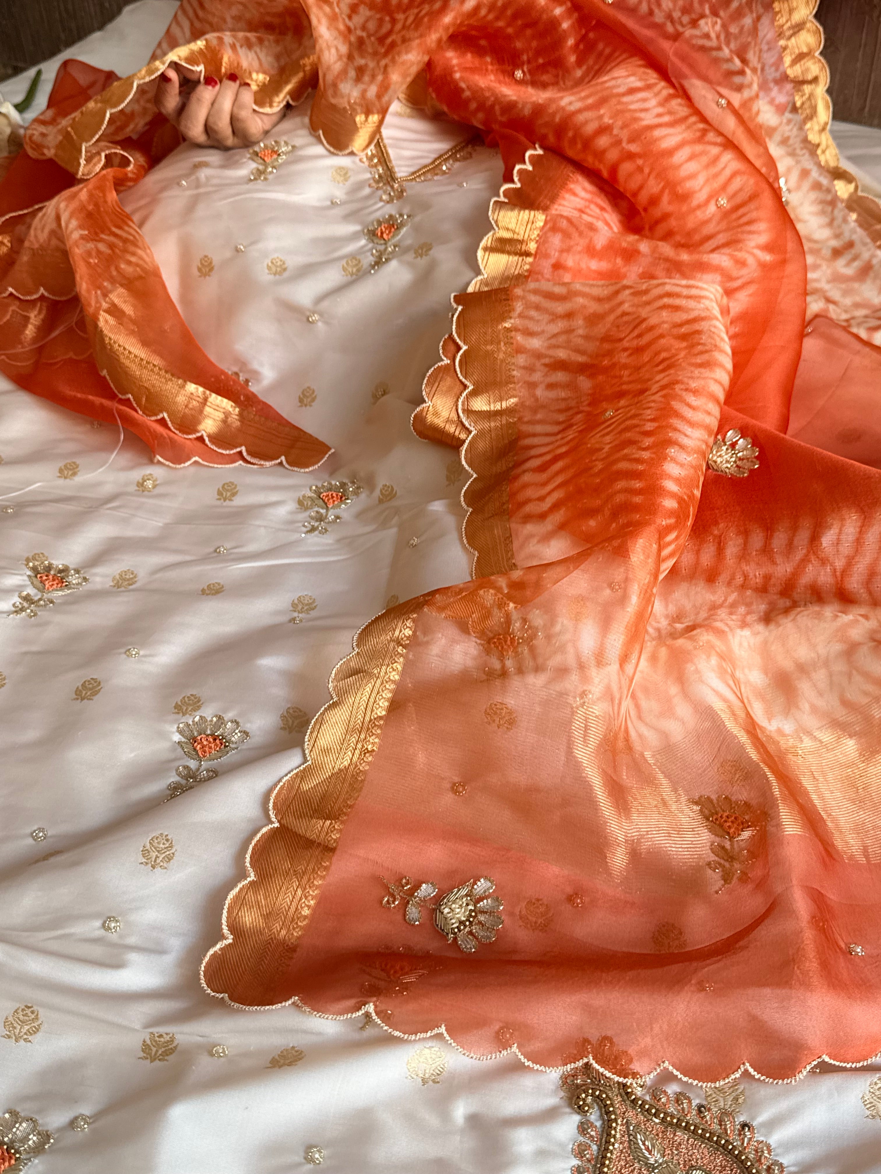 Shibori edit - Katan silk kadhwa kurta paired with hand embroidered kora shibori duppata
