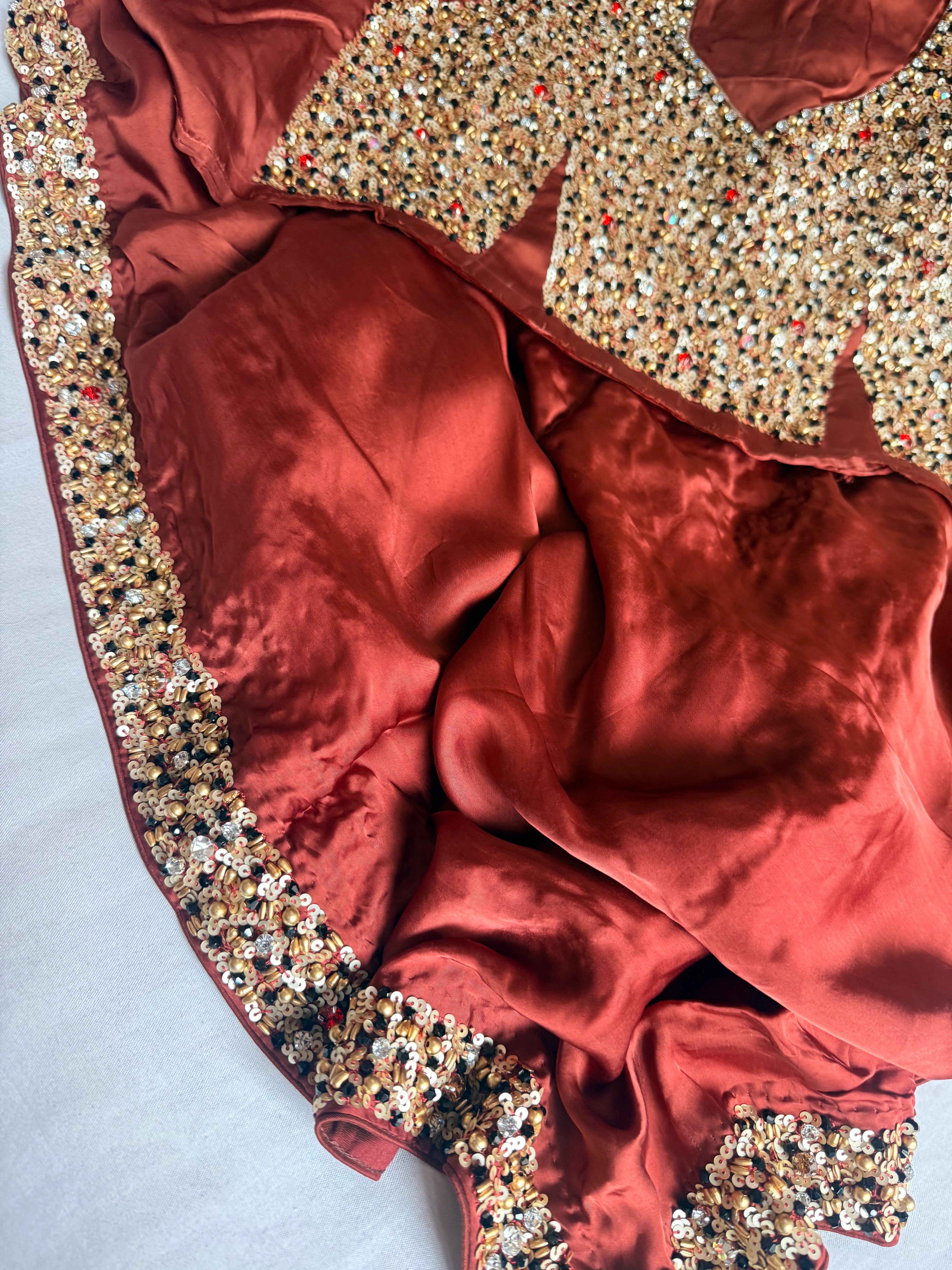 Mashru banarasi satin-sequin work hand embroidered cocktail edit saree