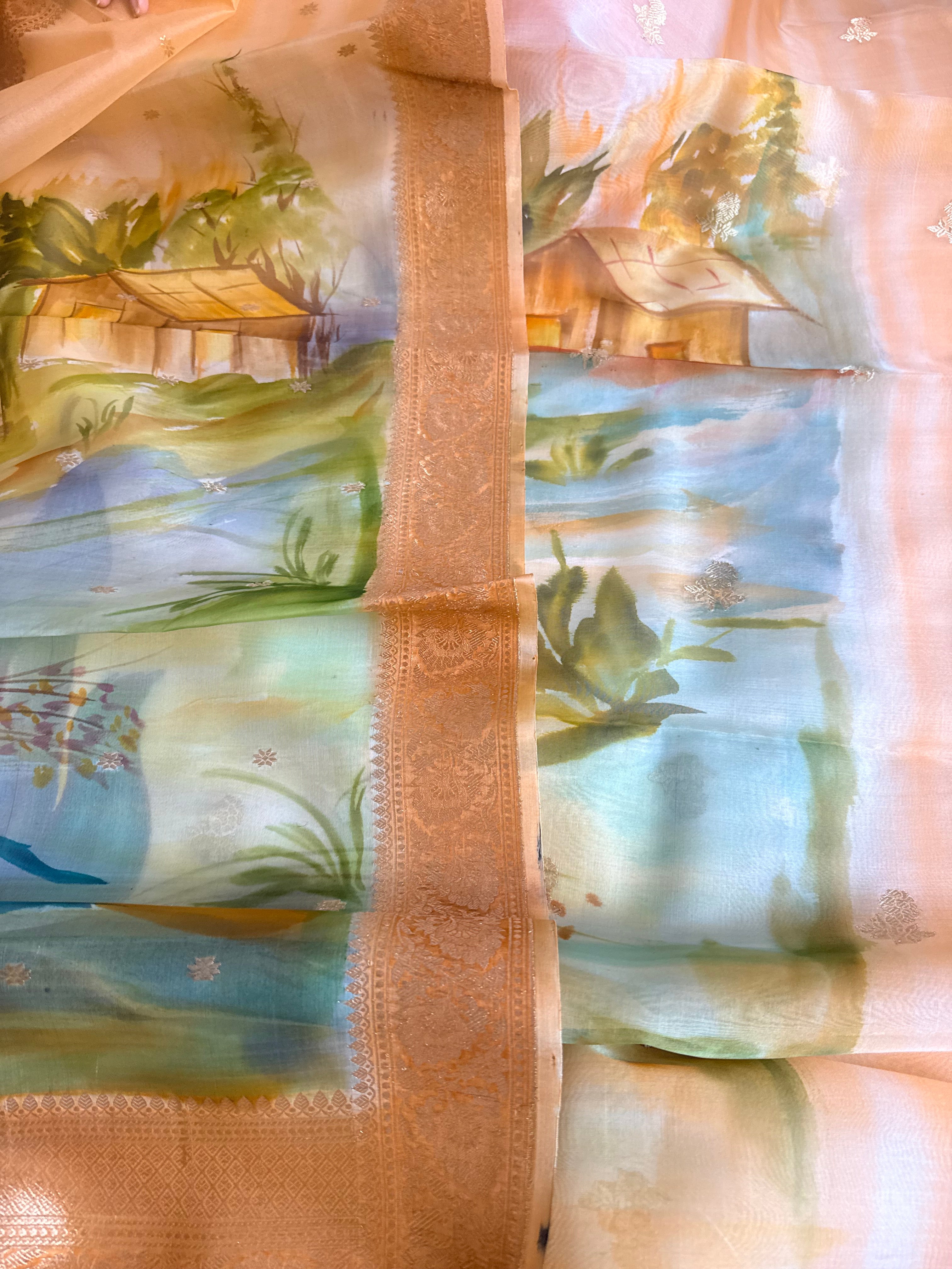 Banarasi kora silk handpainted ghatwork kadhwa buti rainbow dye suits