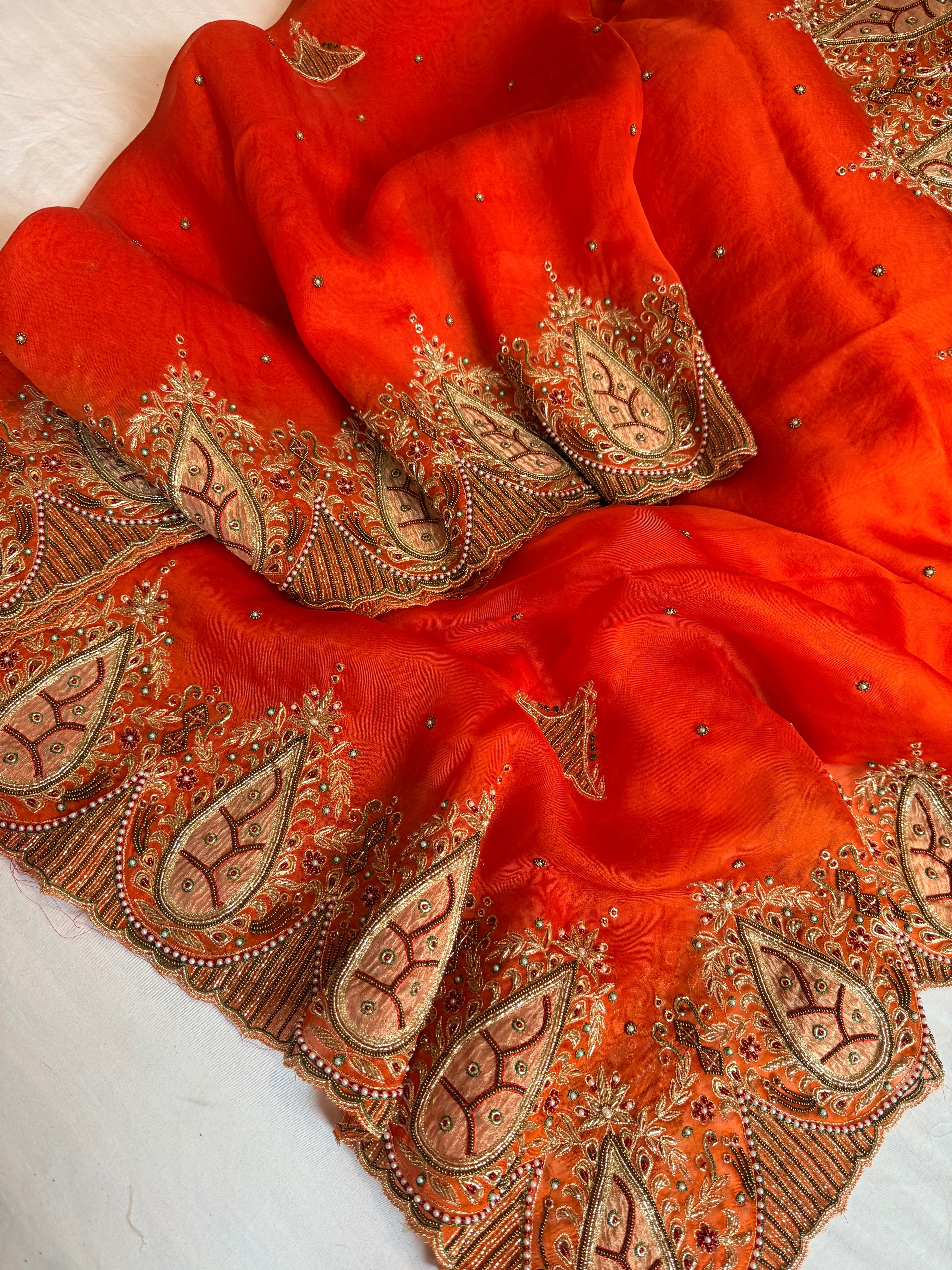 Gulab genda edit - Banarasi Kora silk fanta orange hand embroidered saree