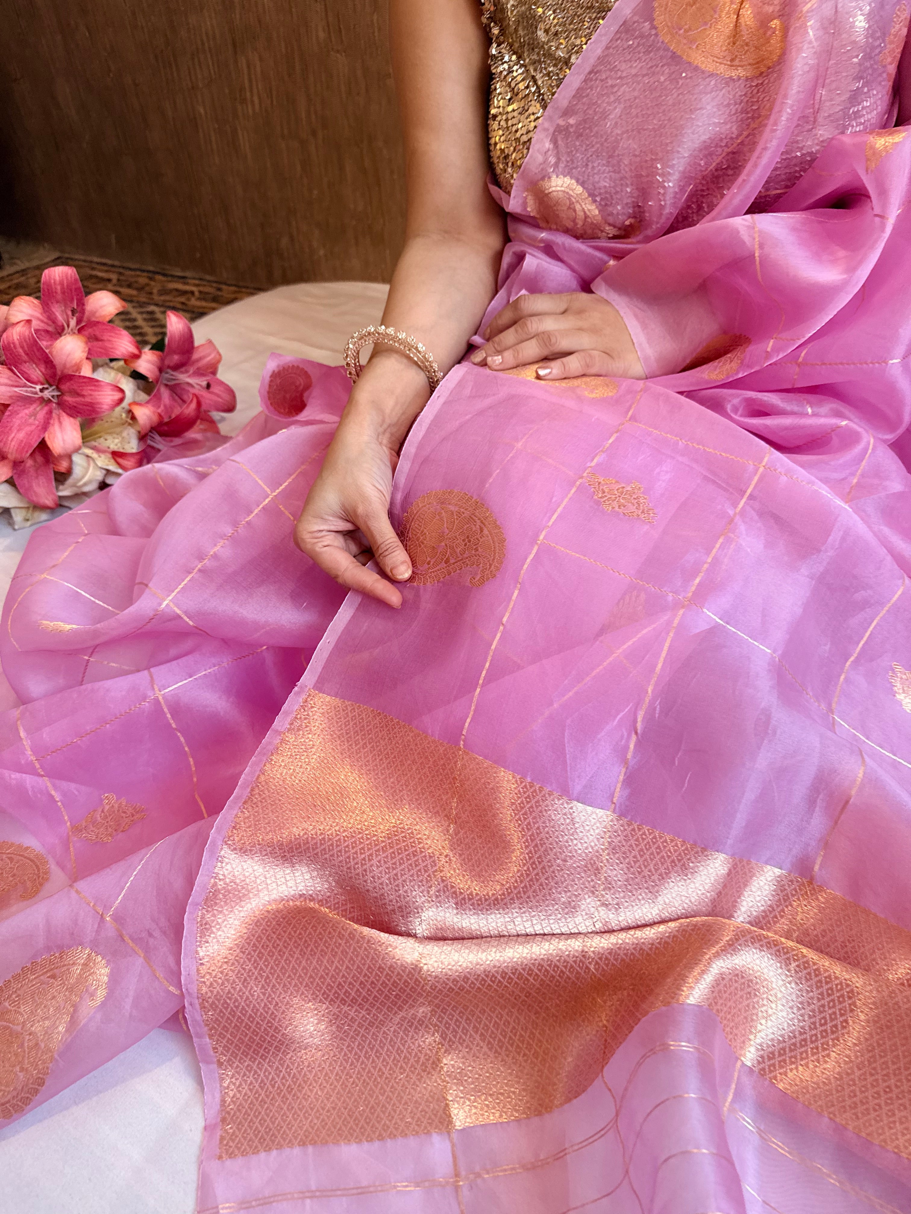 Blush pink kora silk kadhwa handloom weaving saree