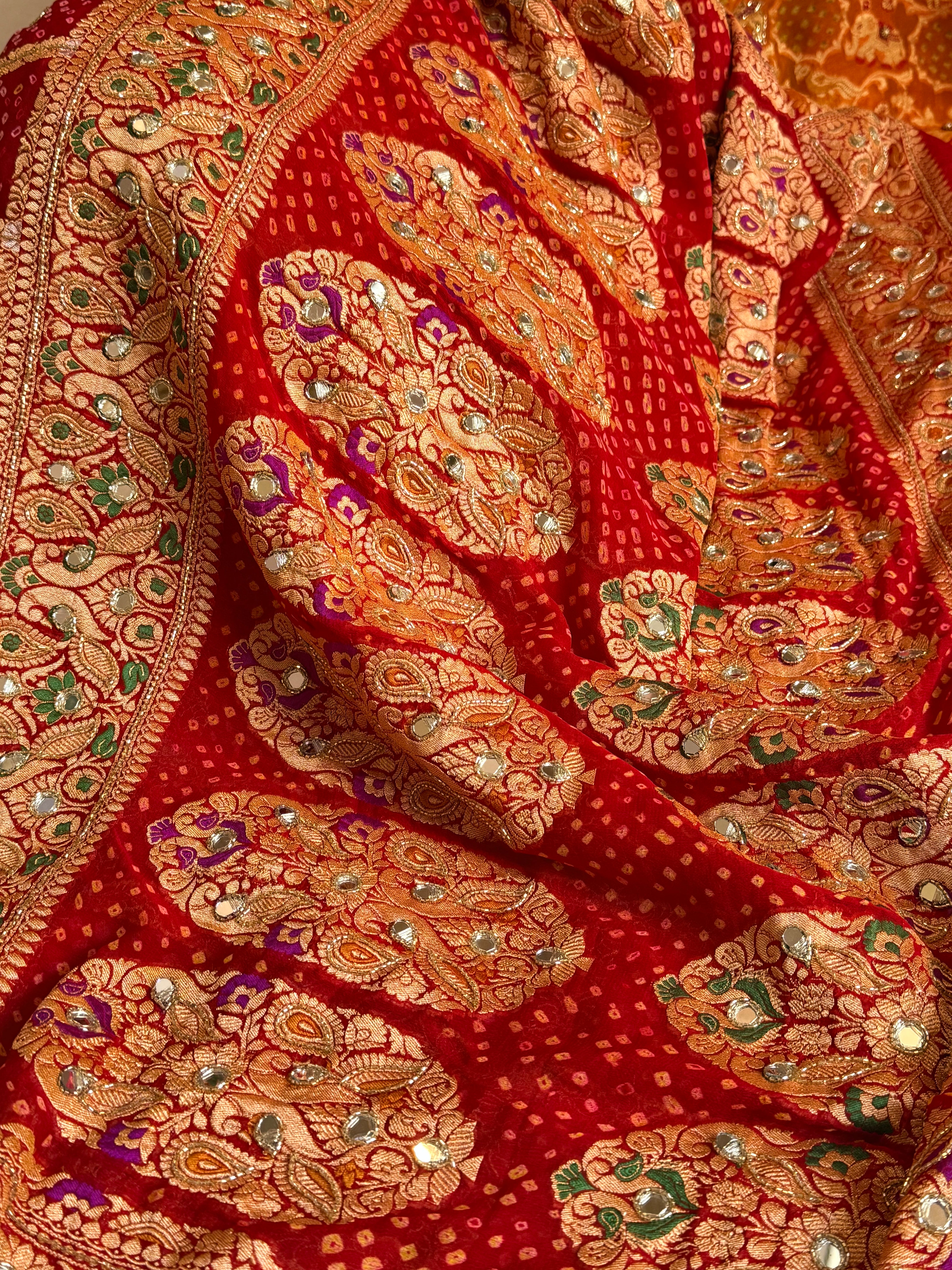 Bandhej saree ka sandook -  blood red shaded chiffon gorgette banarasi bandhej saree