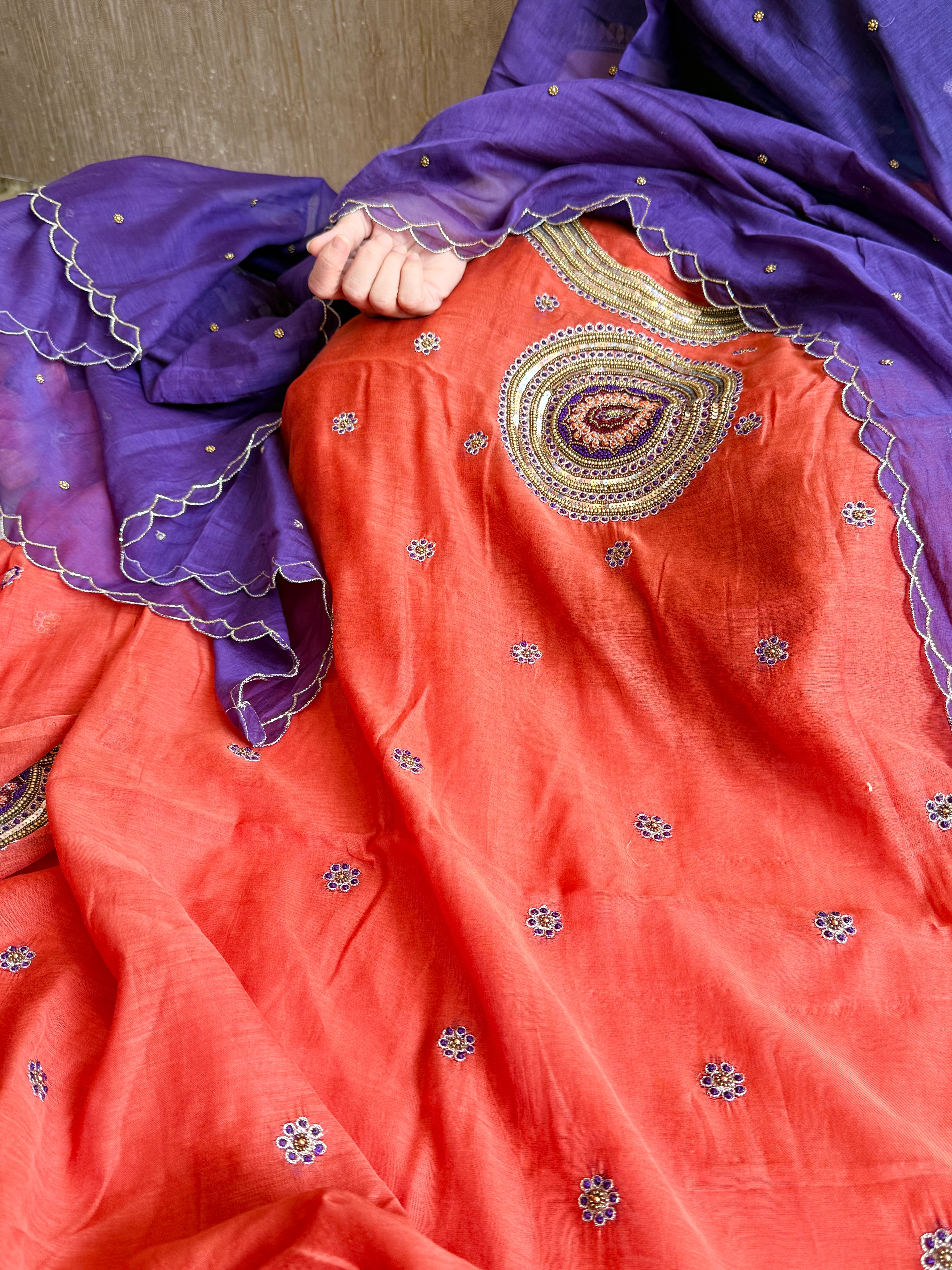 Mul cotton mandala inspired hand embroidered kadhwa suit set