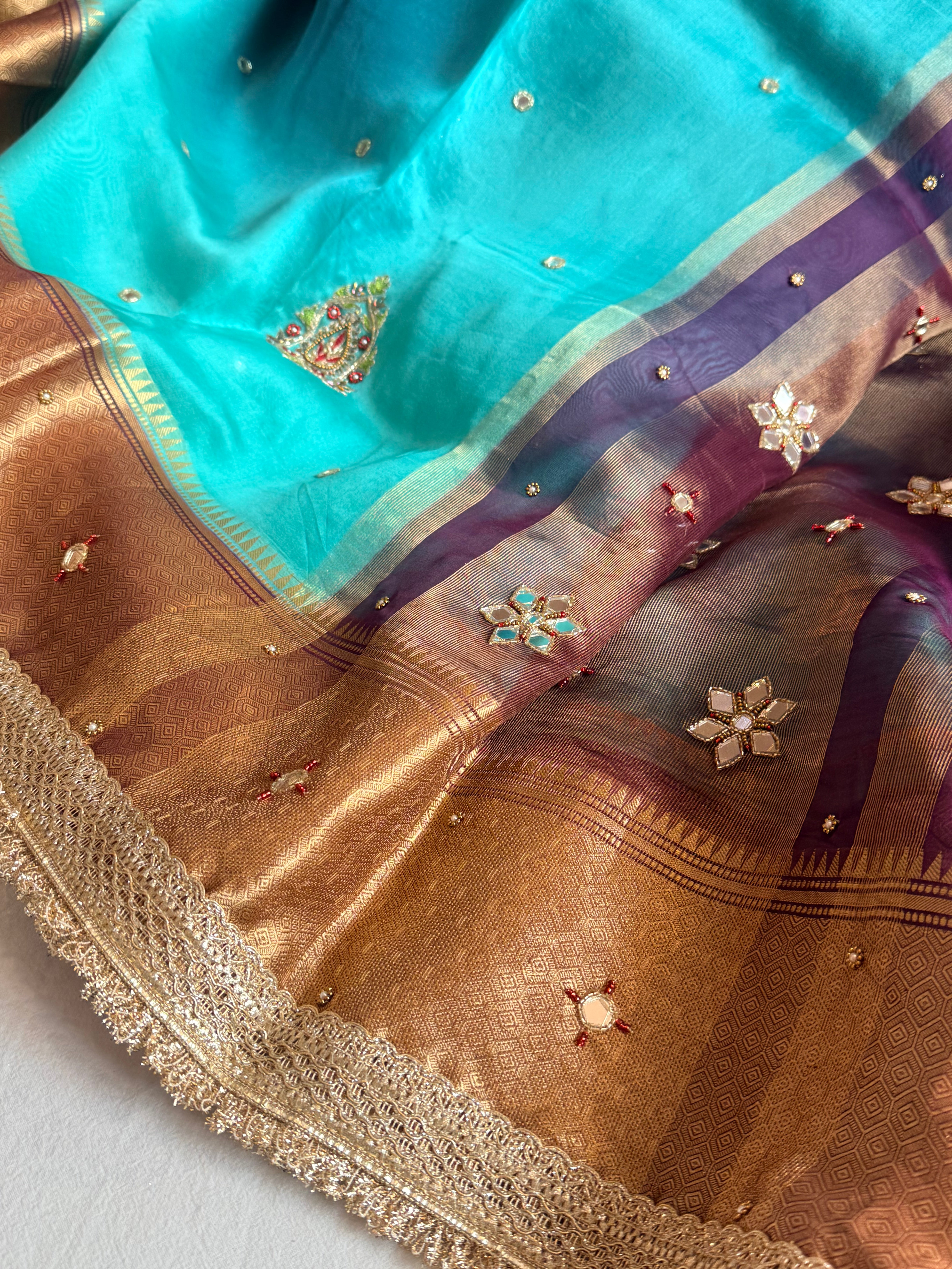 Husn ganga jamuna contrast border kora silk hand embroidered saree