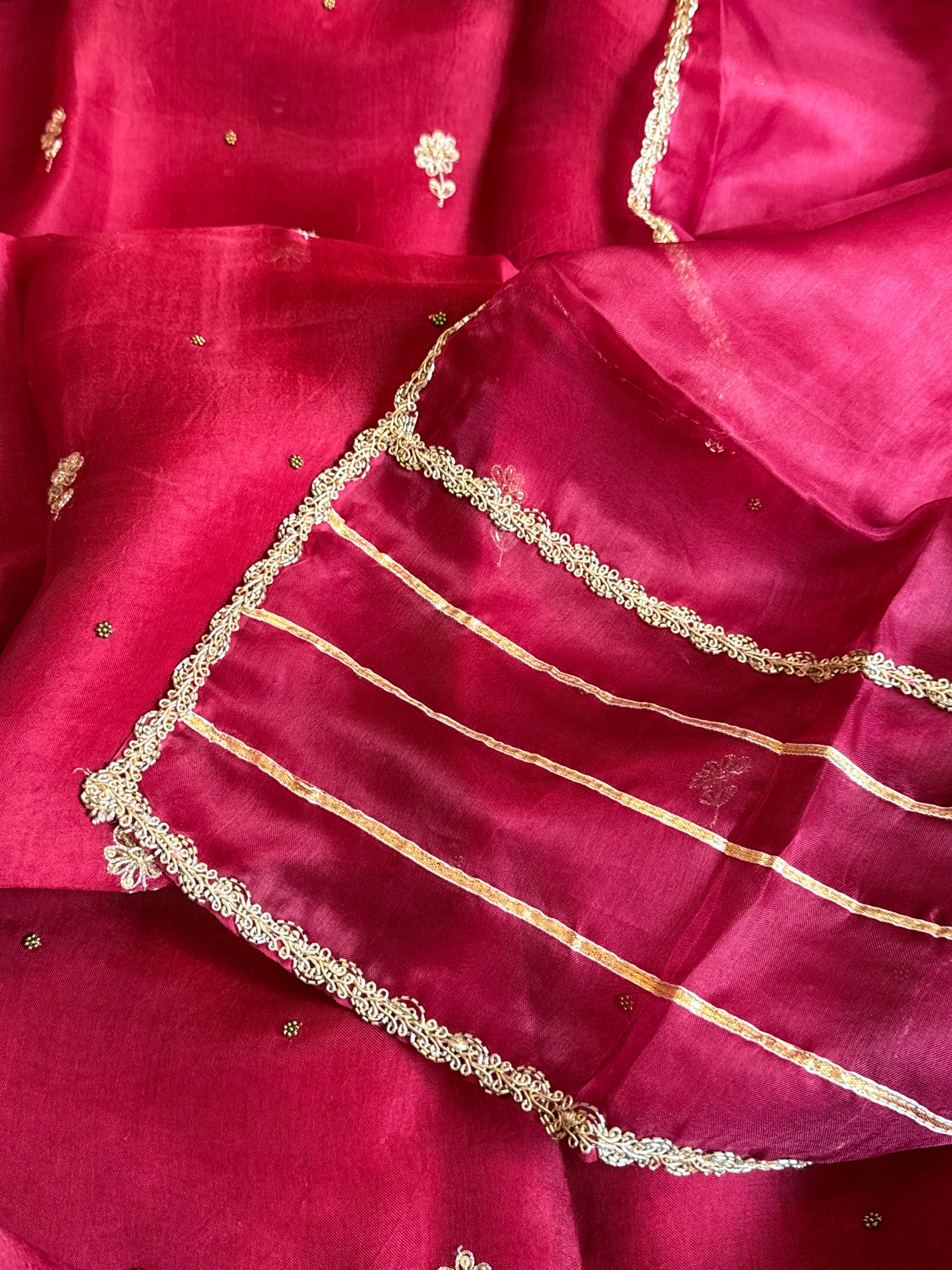 Cranberry red kora silk hand embroidered kadhwa suit set