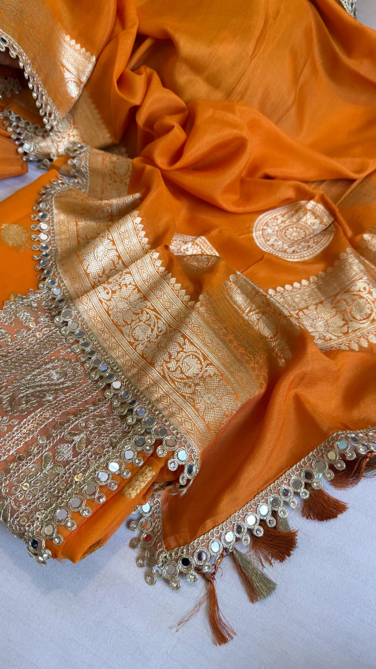 Banarasi mango shade gorgette kadhwa mirror work gotapatti suit set