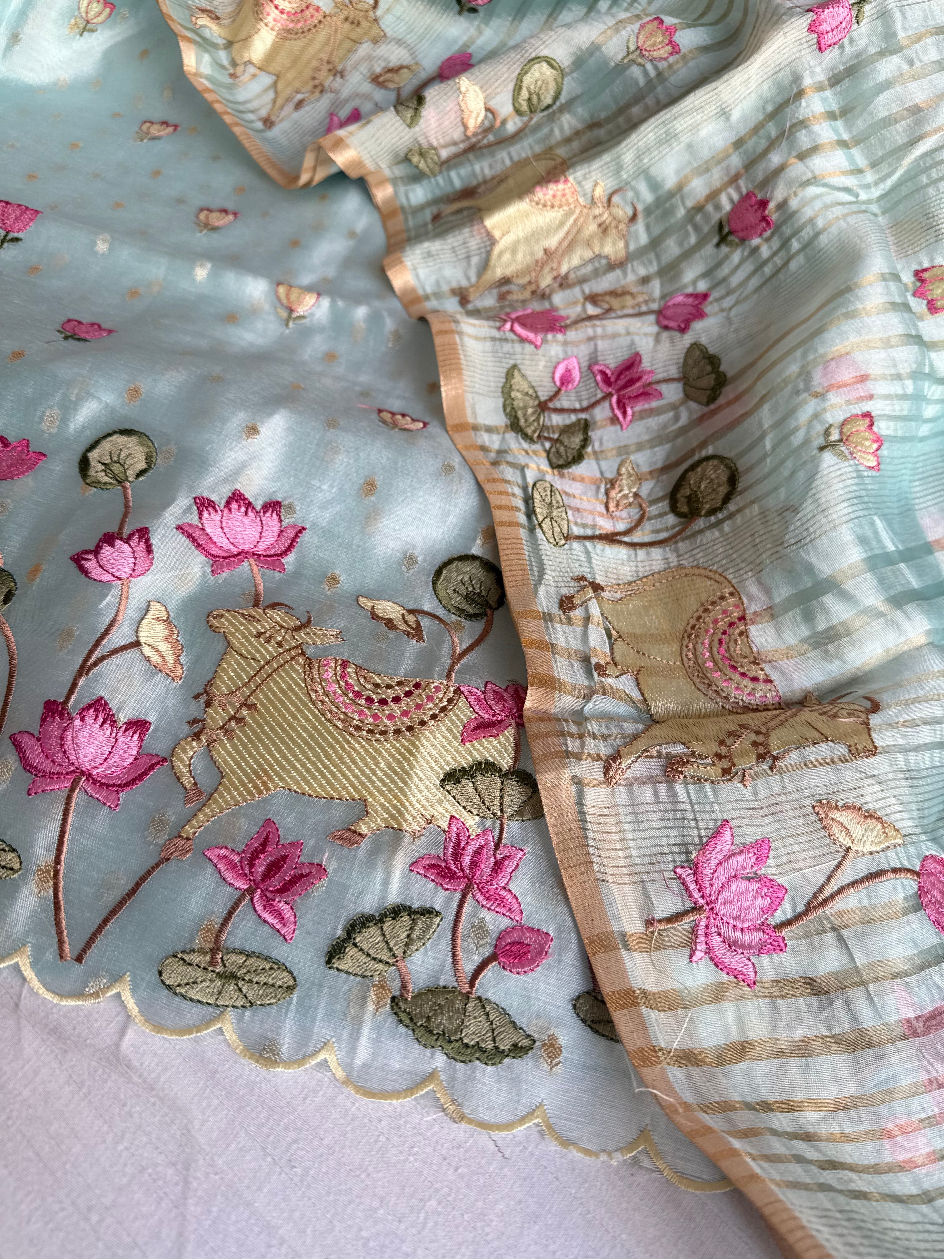 Suits under 10k - Spun chiniya silk parsi gara hand embroidered suit set