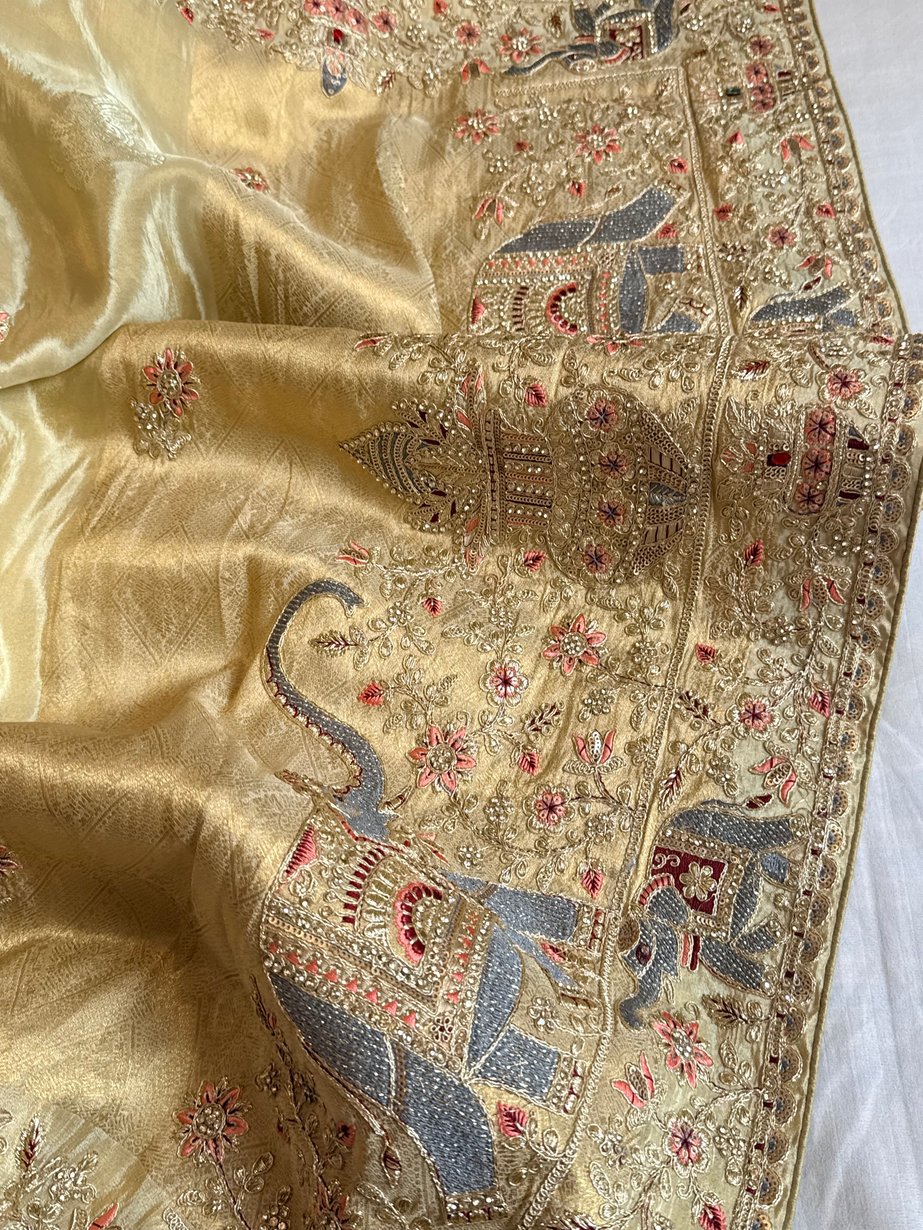 Champagne gold hathi wali crepe tissue embroidered saree