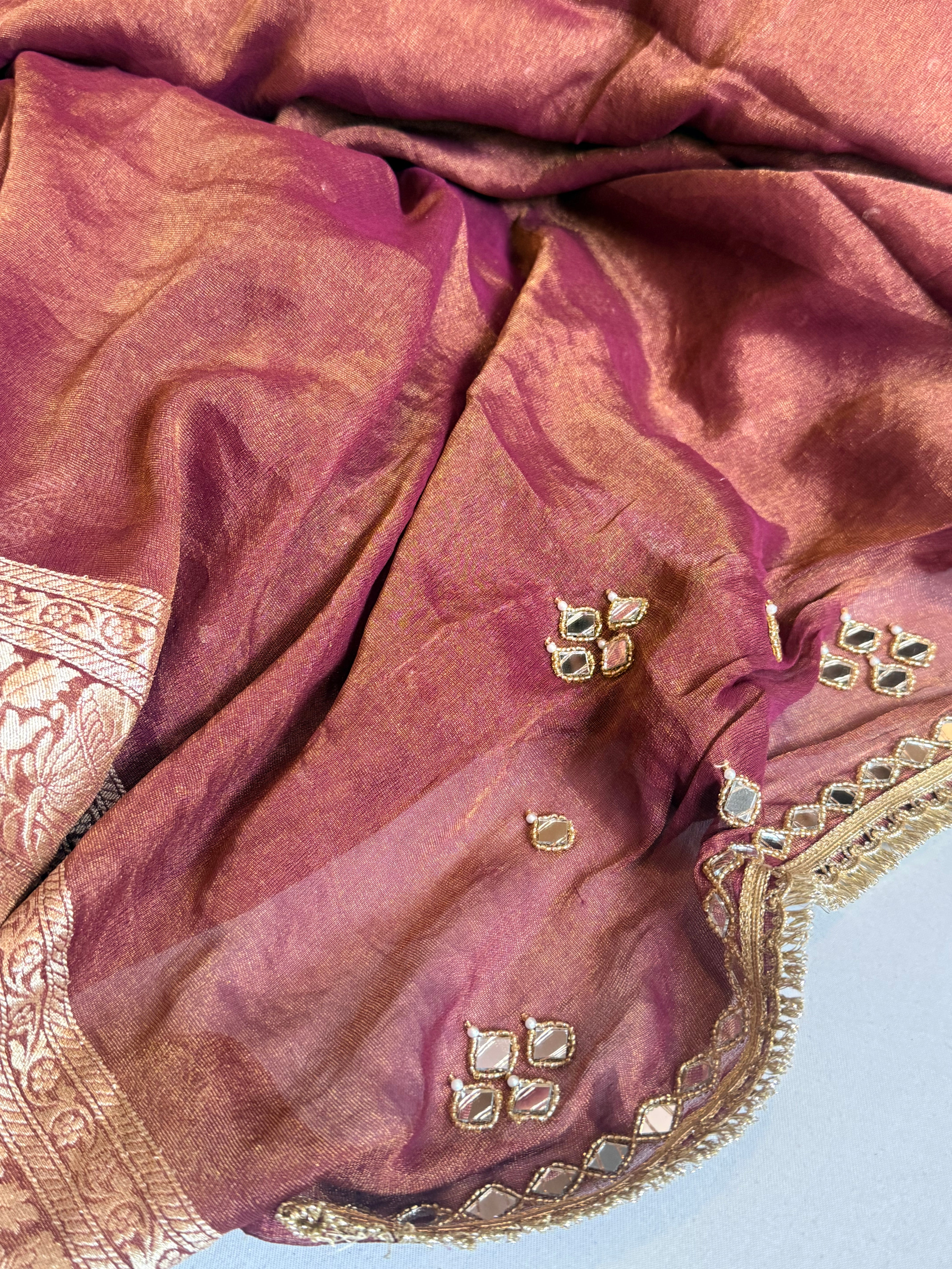Choco brown tissue gorgette mirror work hand embroidered saree
