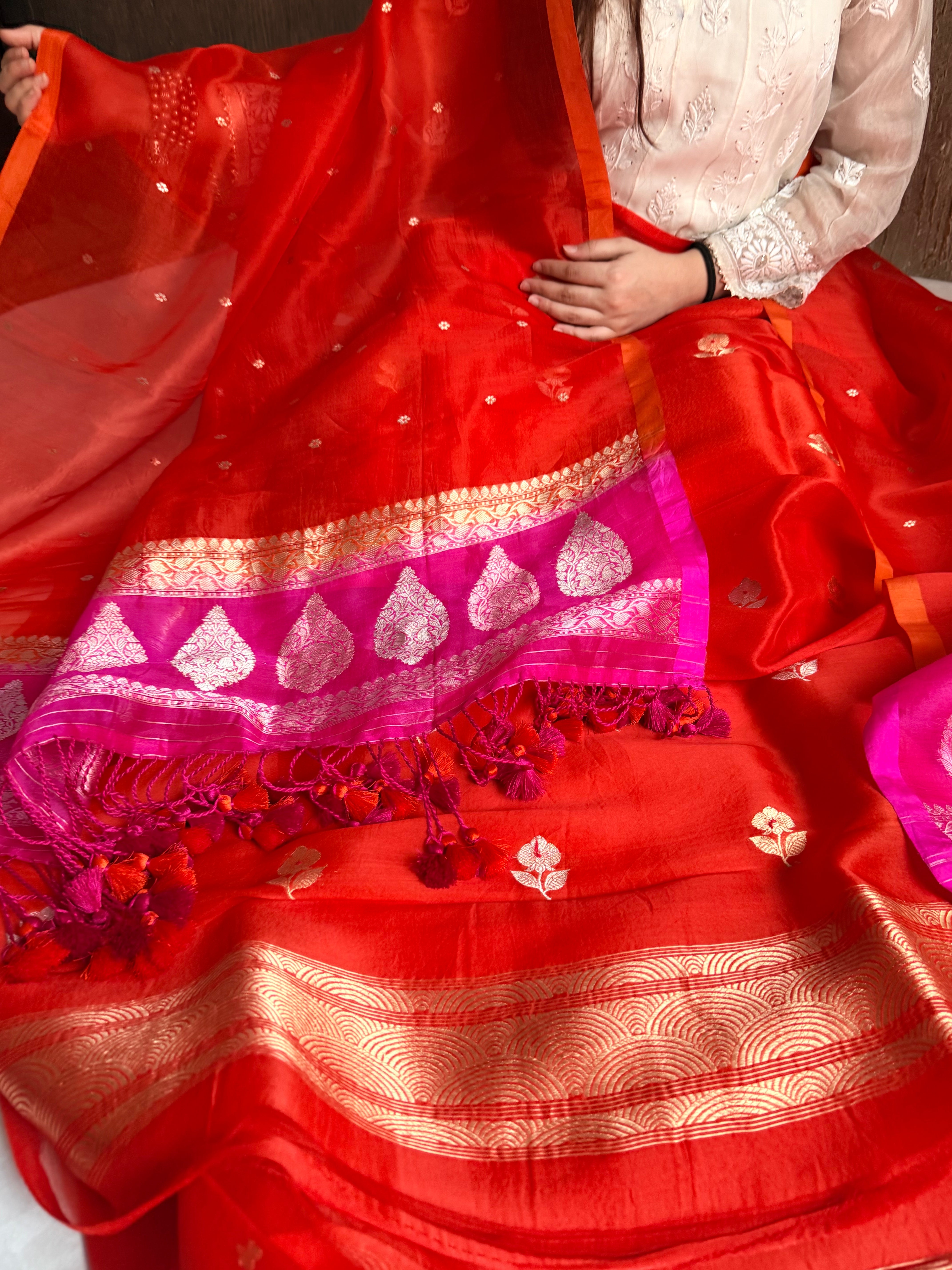 Red rani & orange shaded kora silk chal dye kadhwa banarasi suit set
