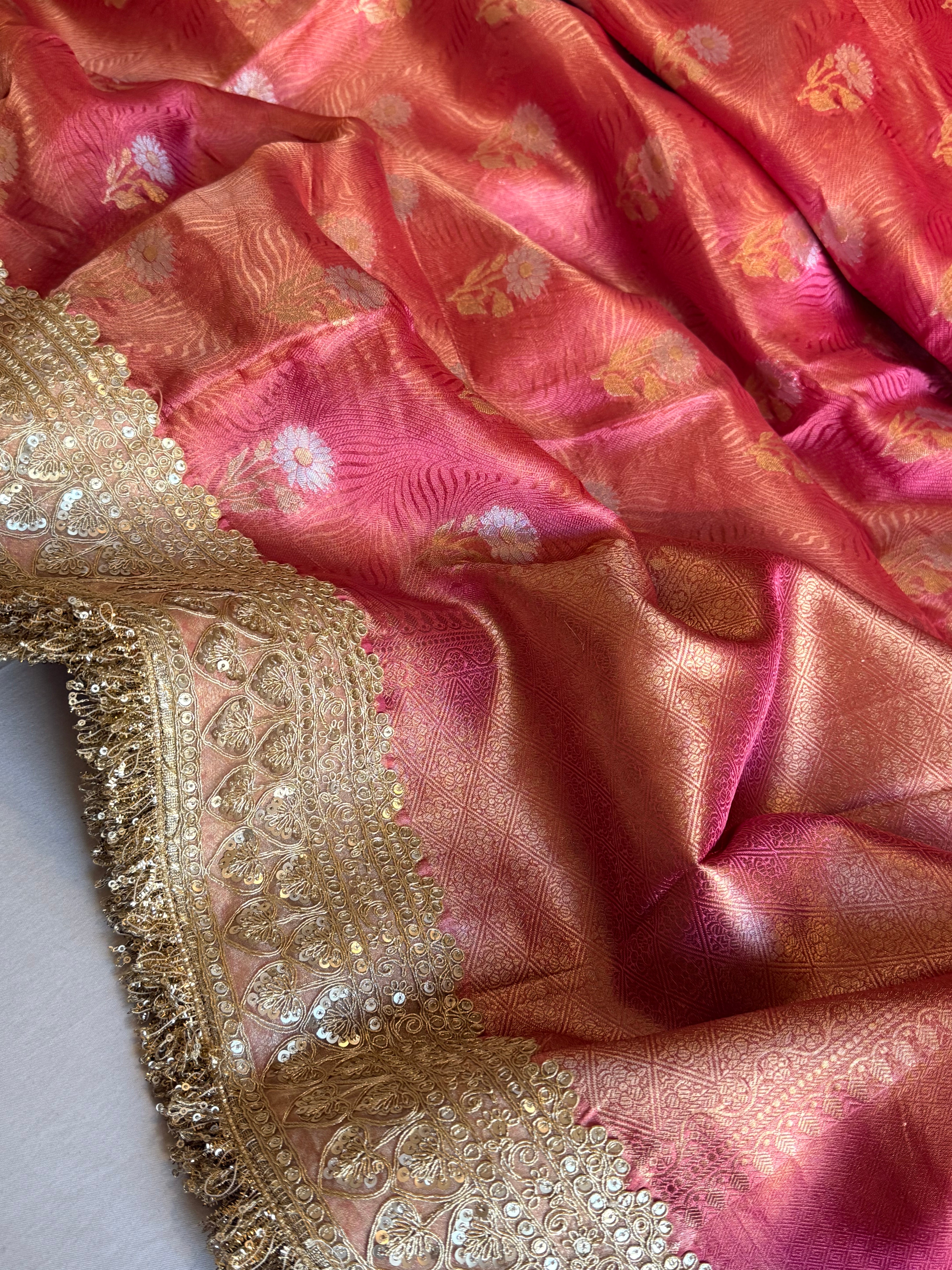 Strawberry pink tissue gorgette sona rupa buti kadhwa saree