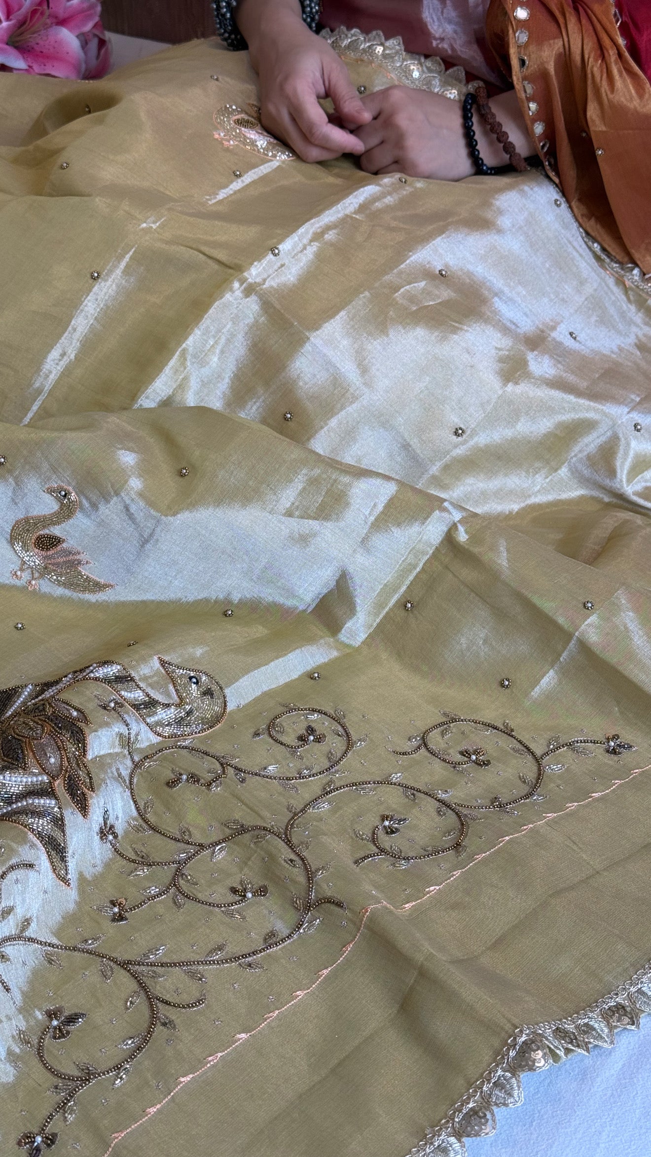 Satin tissue silk butter golden banarasi hand embroidered kadhwa saree