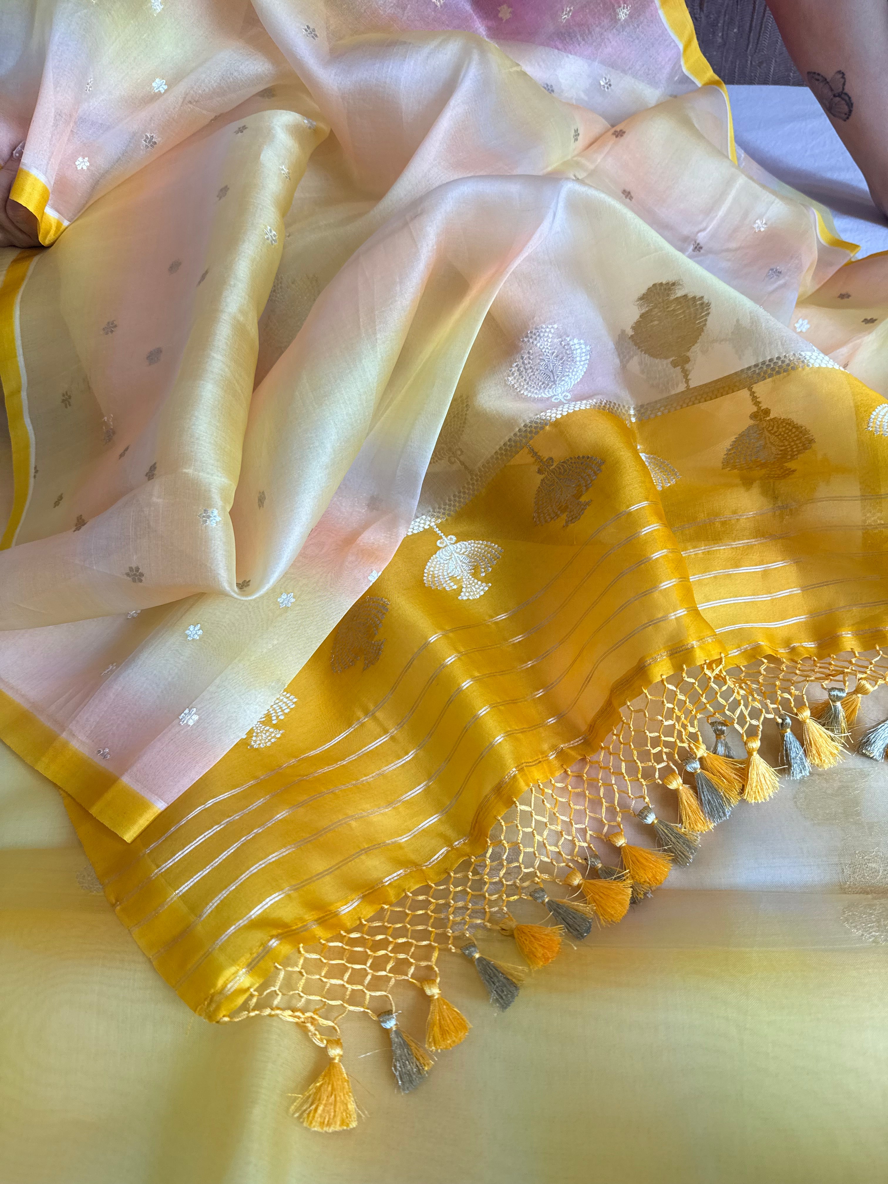 Pastel shaded kora silk rainbow dye kadhwa banarasi suit set