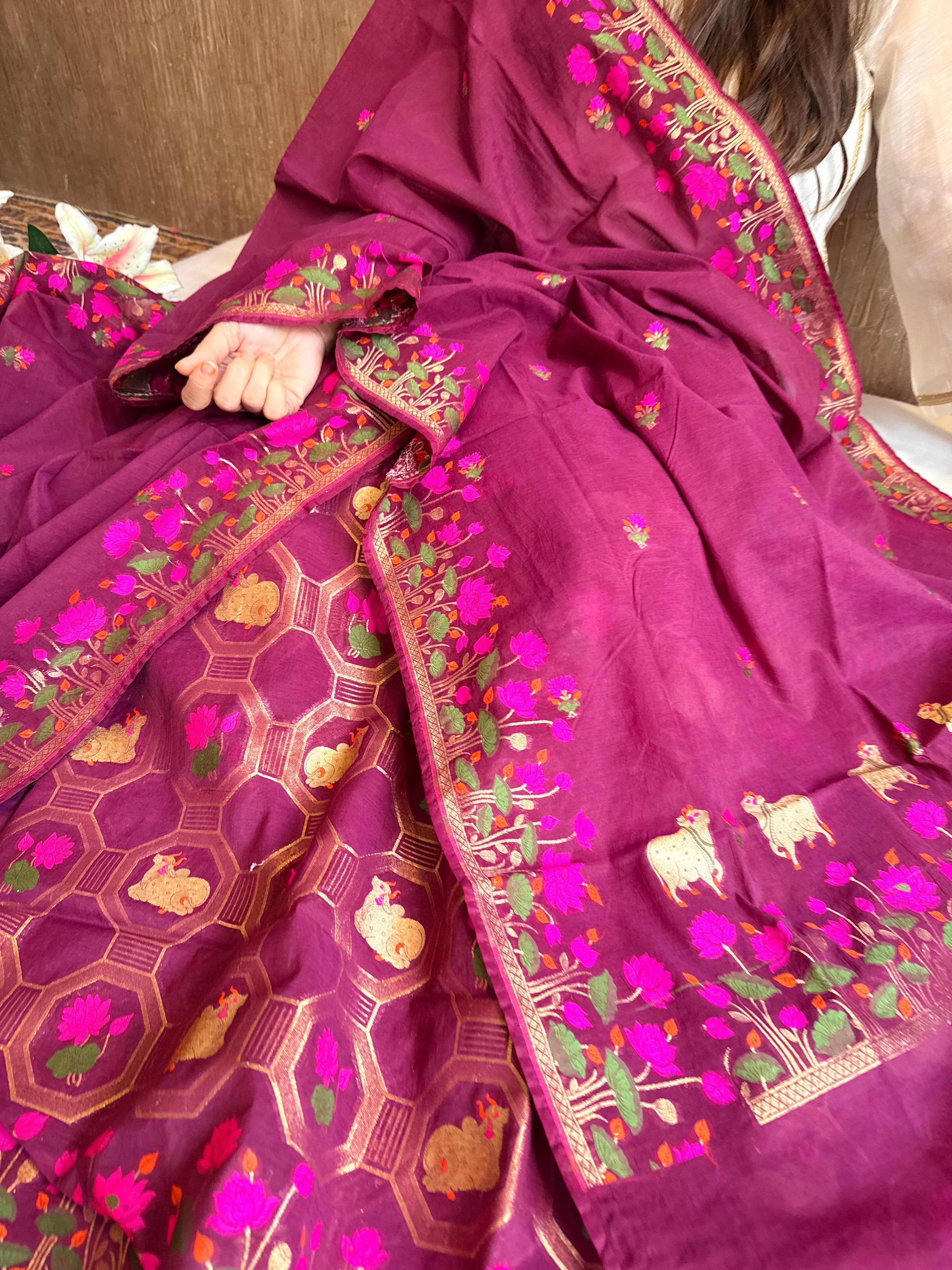 Mul cotton banarasi meenakari nandu motif suit sets