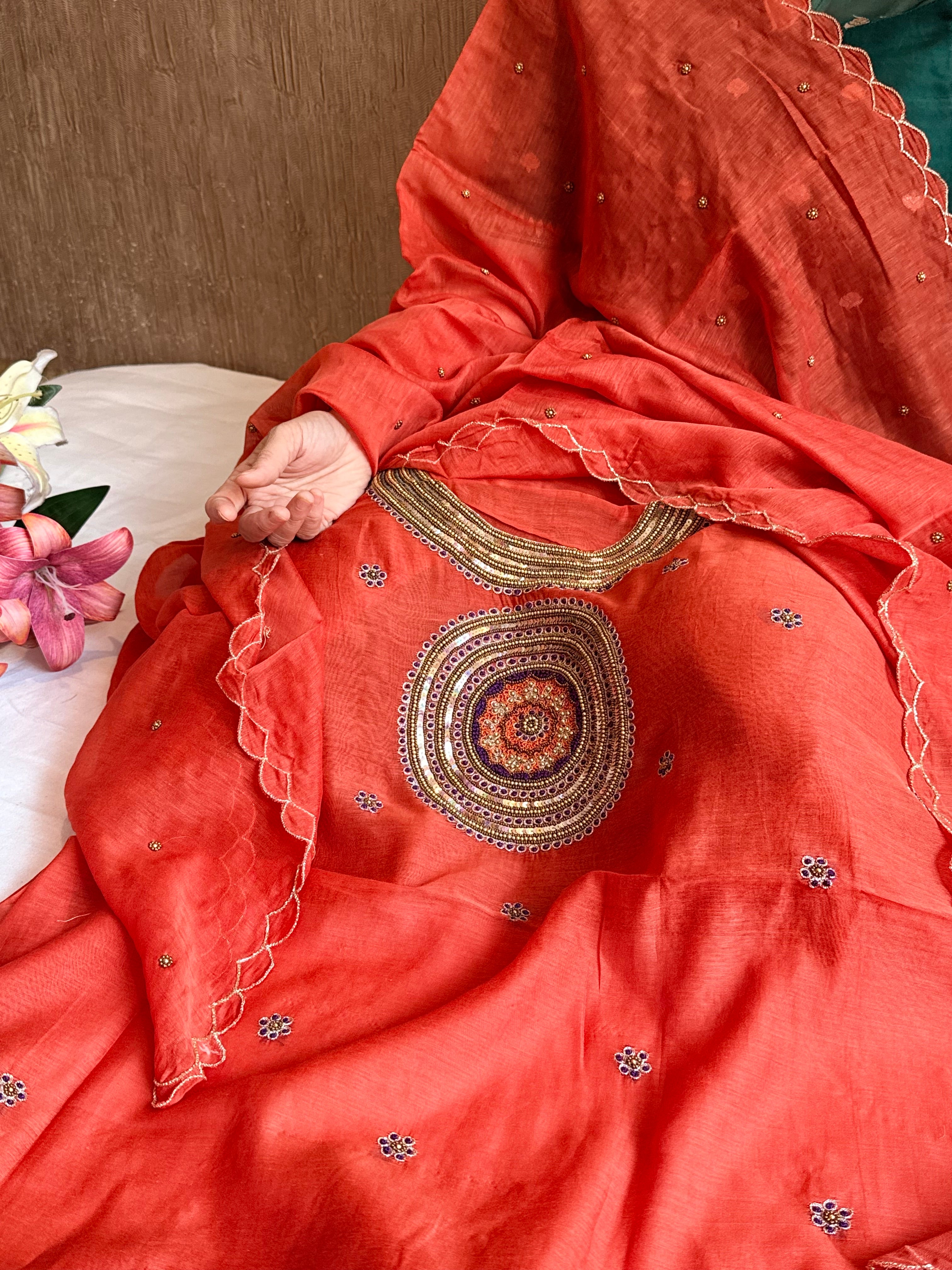 Mul cotton mandala inspired hand embroidered kadhwa suit set